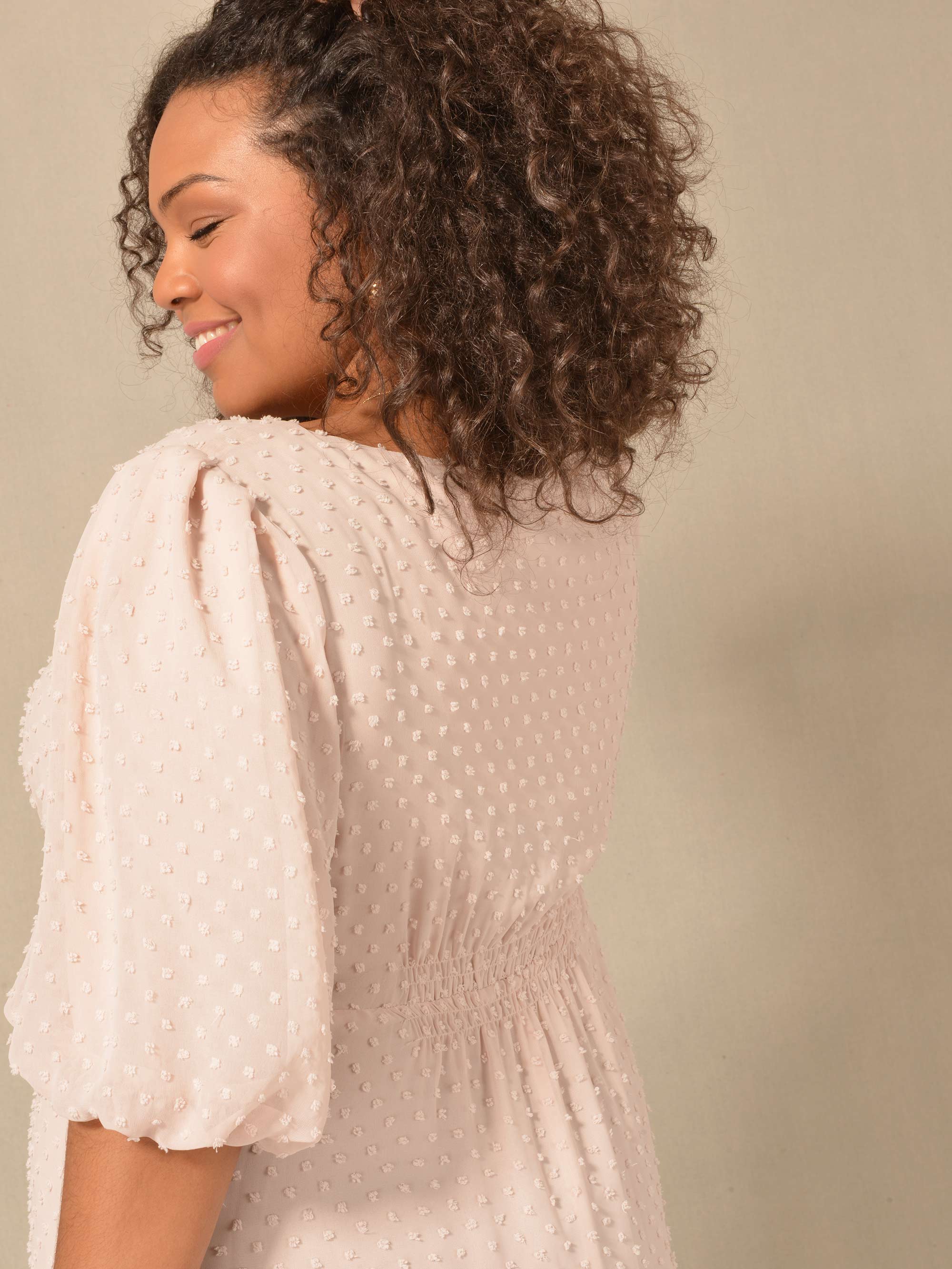 Pink Dobby Texture Short Sleeve Midi Dress - Image 5