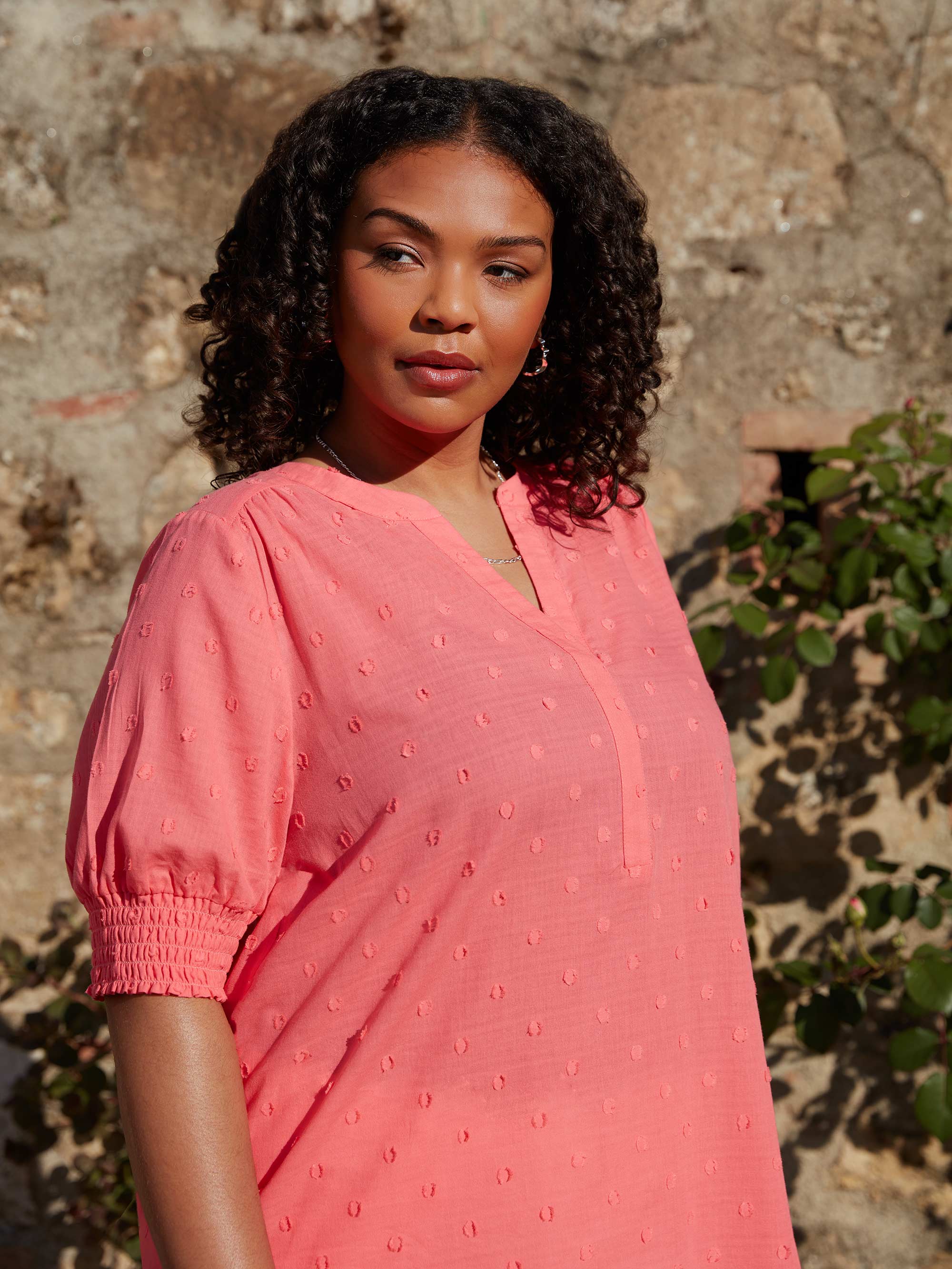 Pink Dobby Textured Short Sleeve Blouse - Image 2