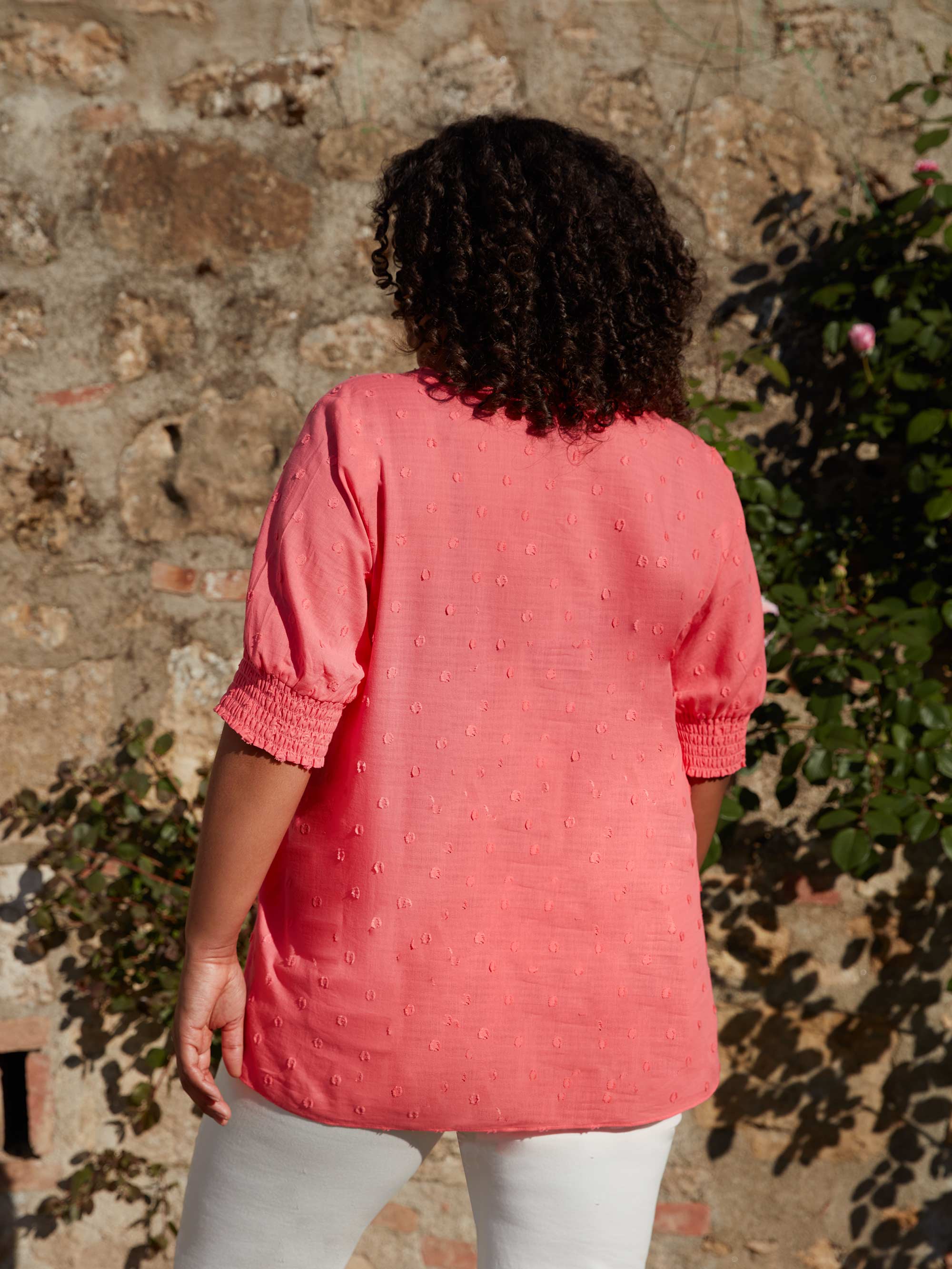Pink Dobby Textured Short Sleeve Blouse - Image 3