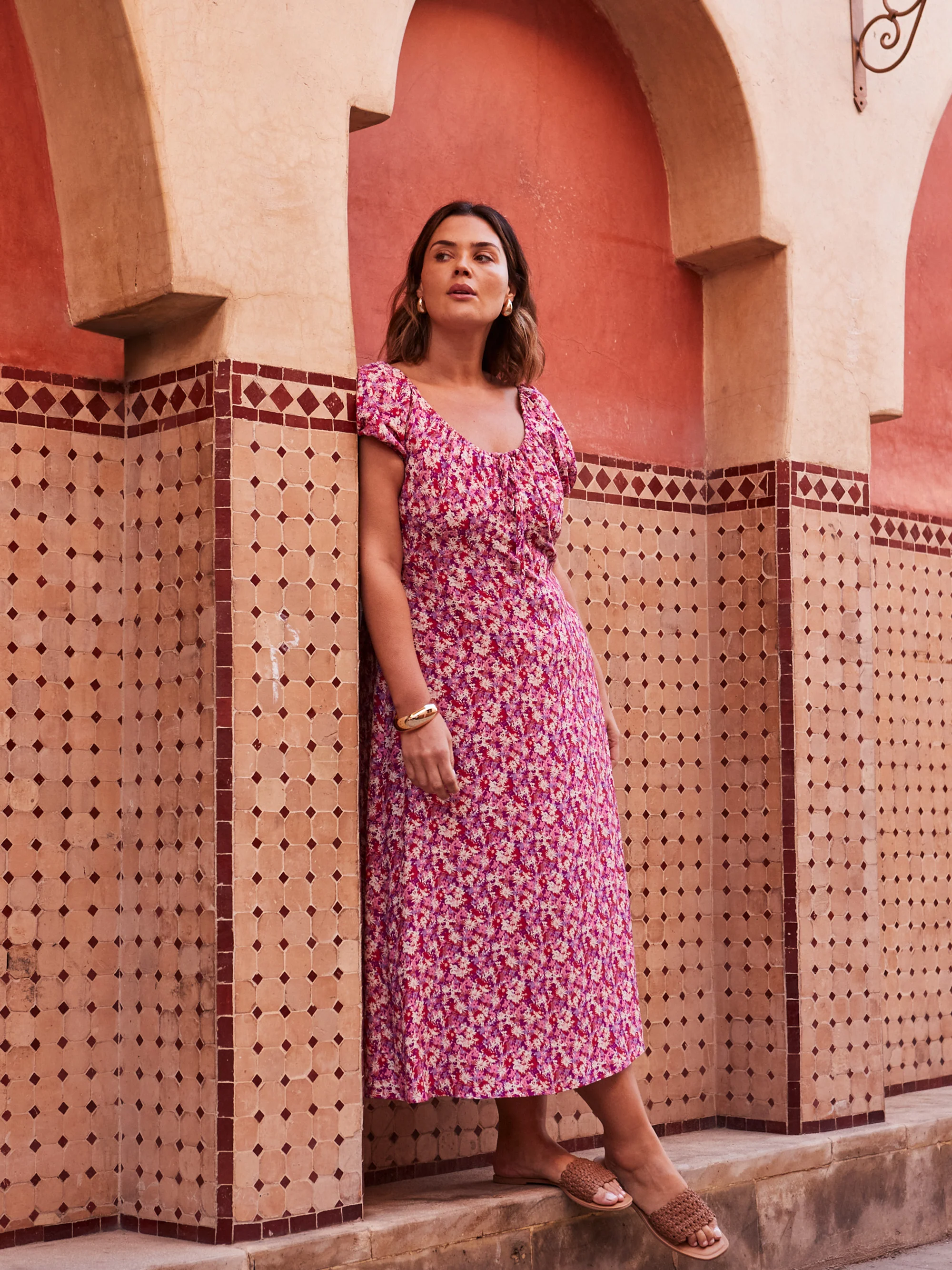 Pink Floral Gathered Neck Midi Dress - Image 2