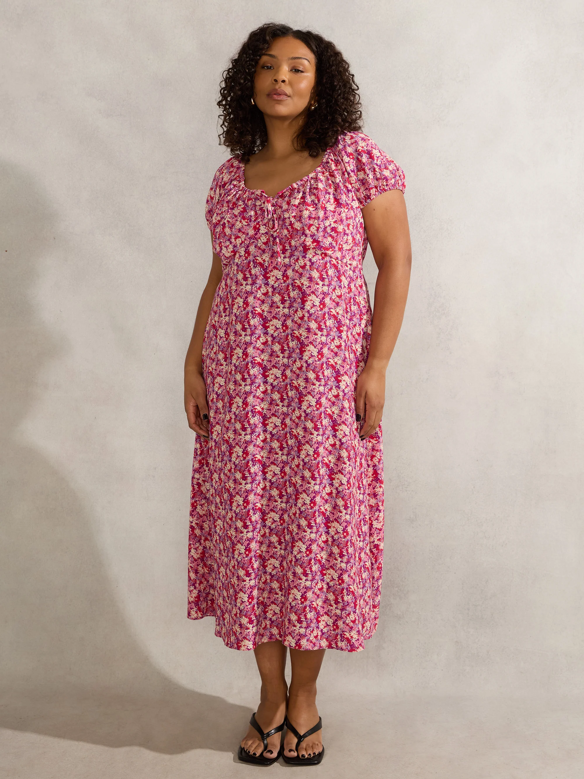 Pink Floral Gathered Neck Midi Dress - Image 3