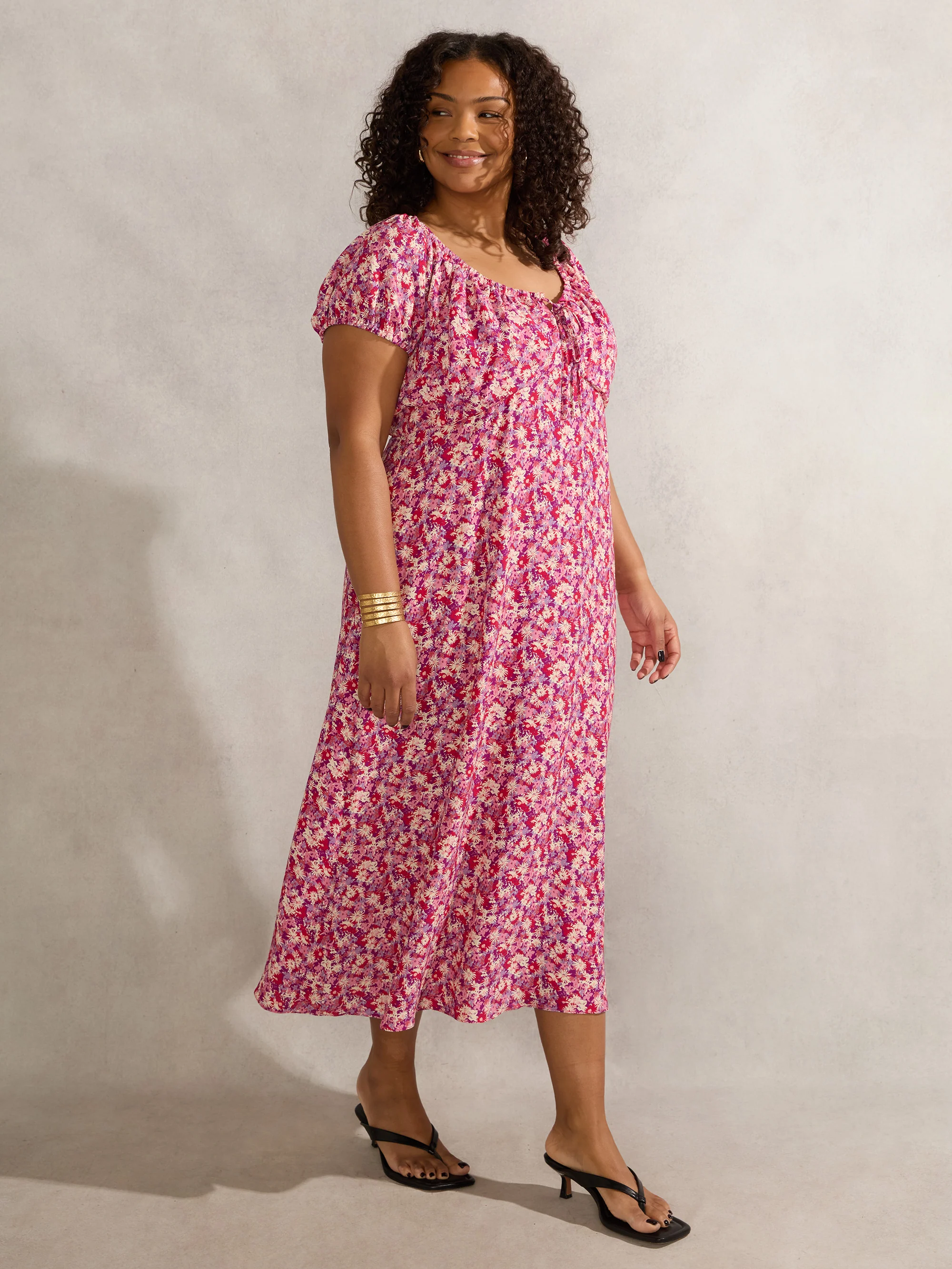 Pink Floral Gathered Neck Midi Dress - Image 4