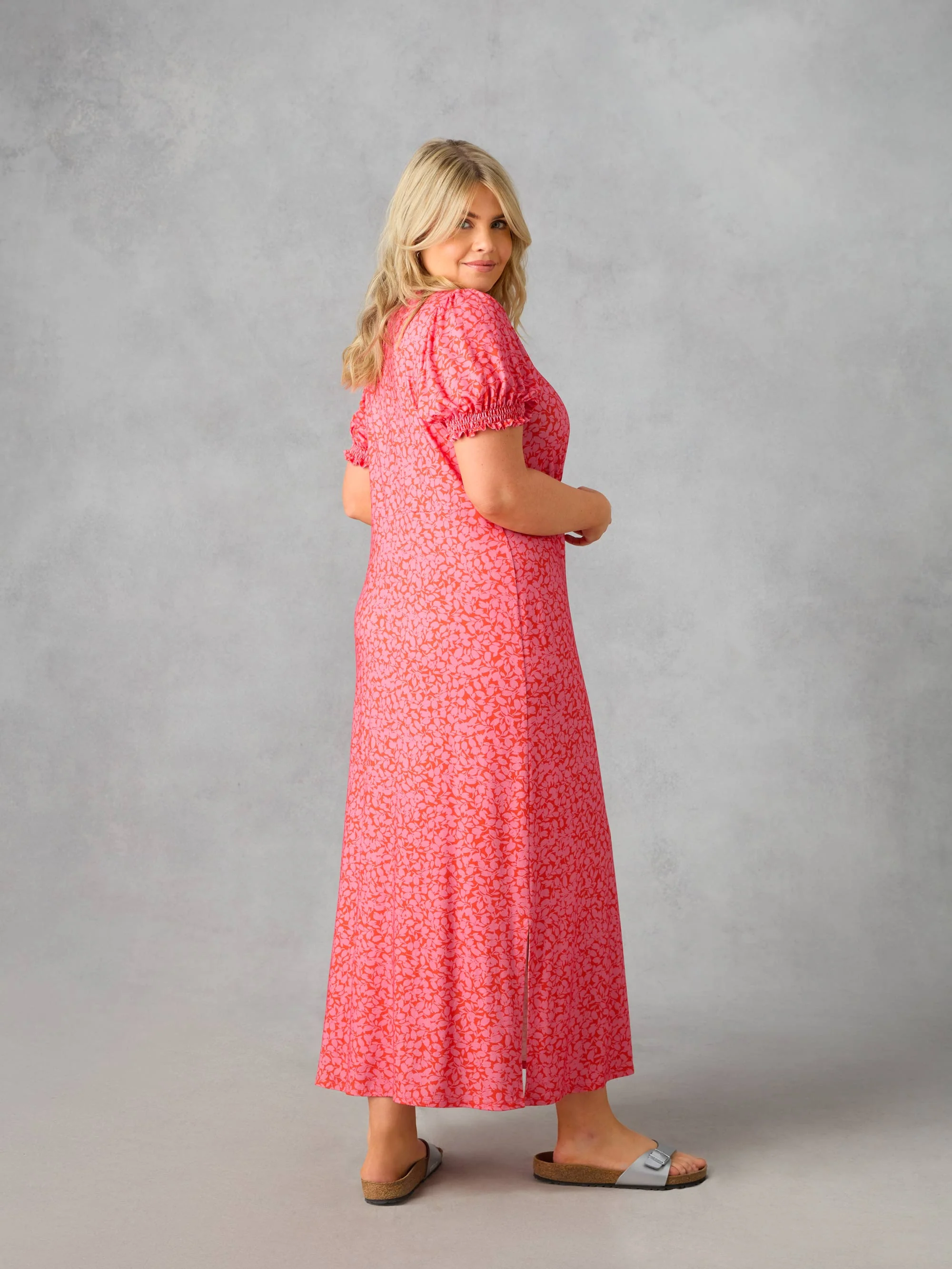 Pink Floral Jersey Shirred Cuff Maxi Dress - Image 3