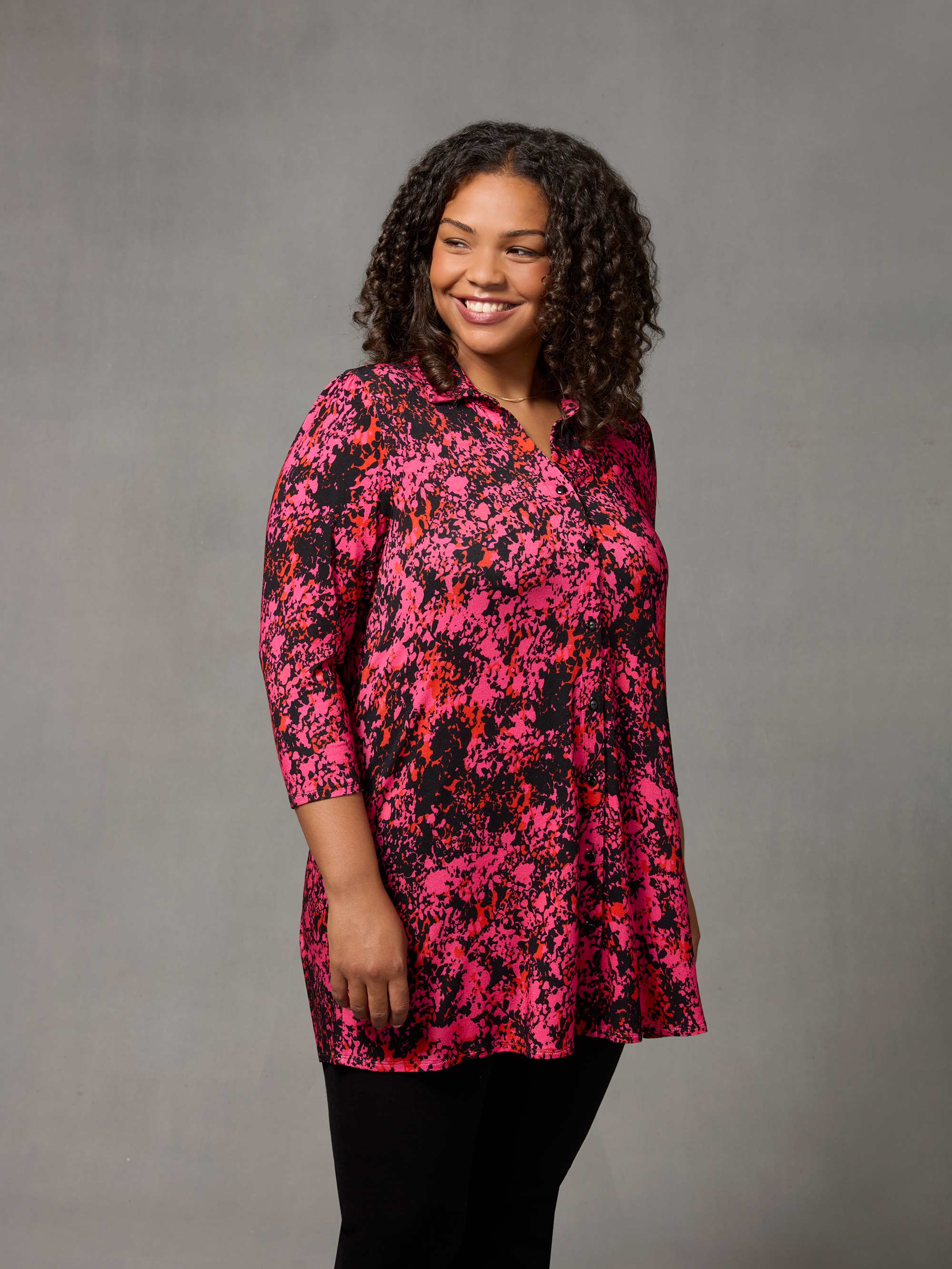 Pink Floral Print Jersey 3/4 Sleeve Shirt - Image 2