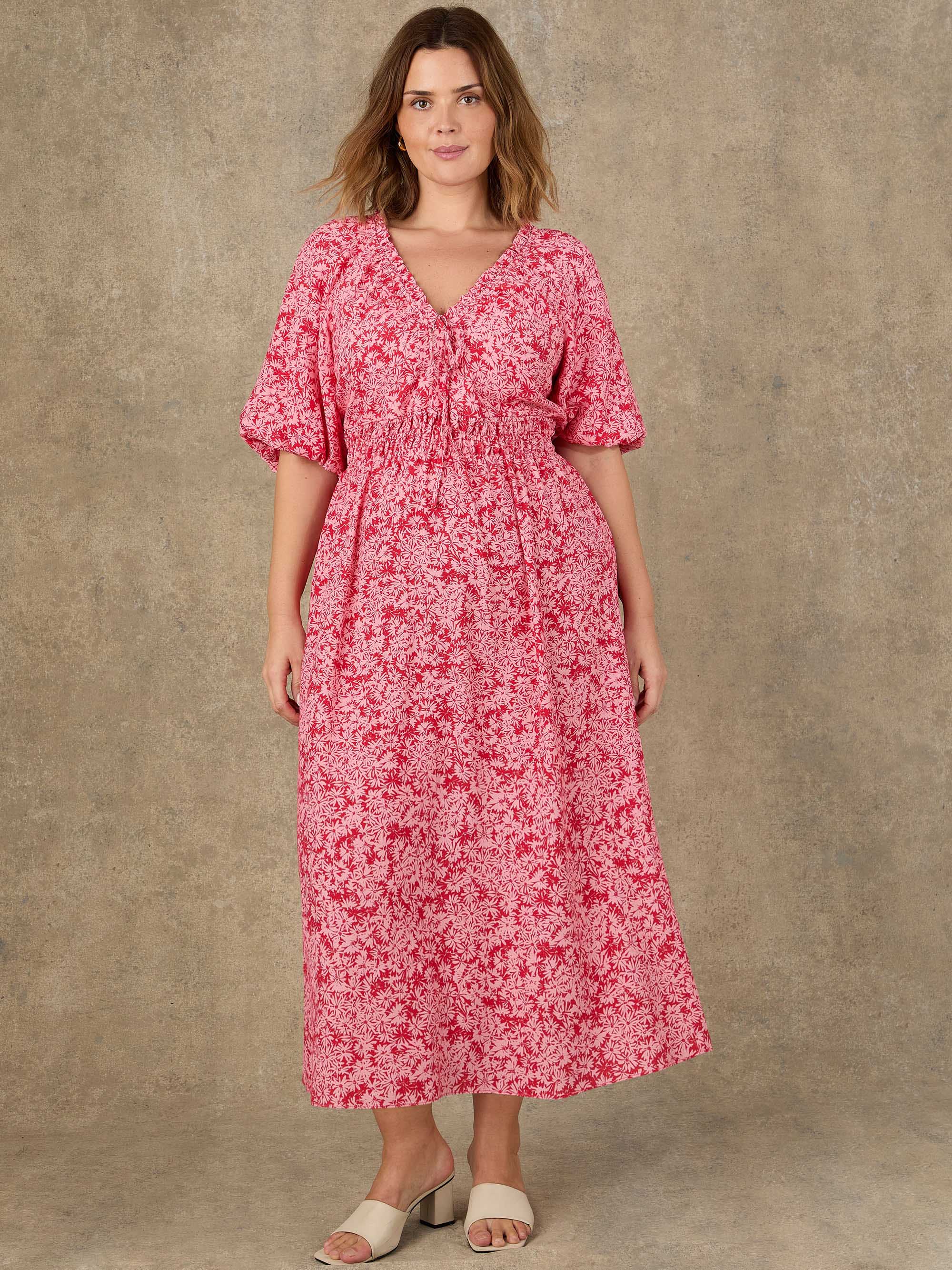 Pink Floral Print Puff Sleeve Elasticated Waist Dress - Image 3