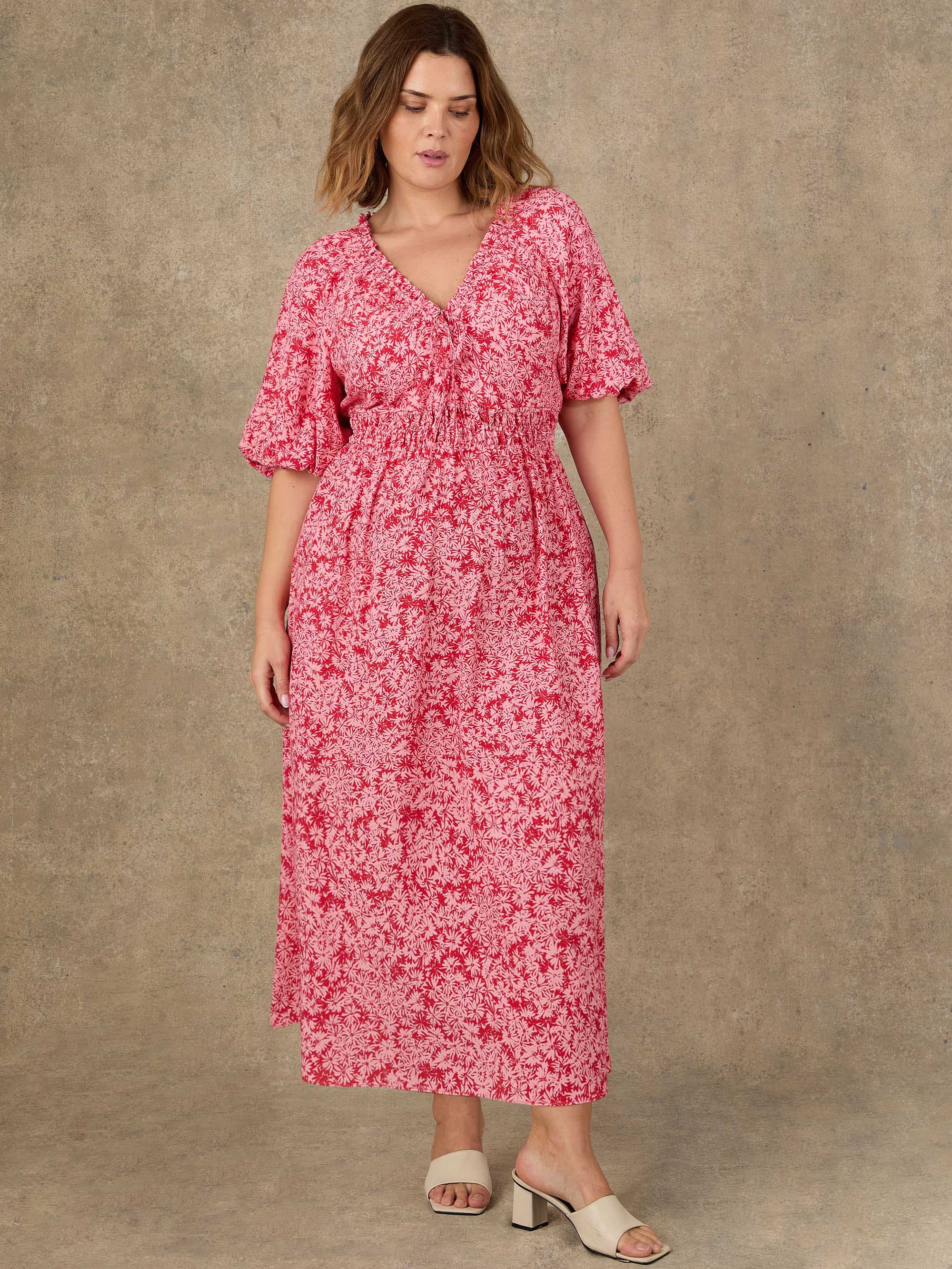 Pink Floral Print Puff Sleeve Elasticated Waist Dress - Image 4