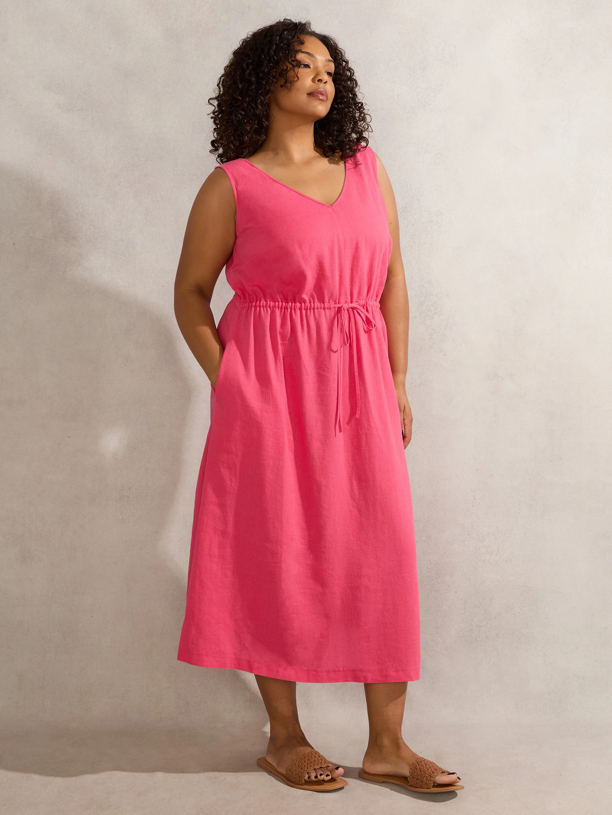 Pink Linen Blend Drawstring Dress - Image 3