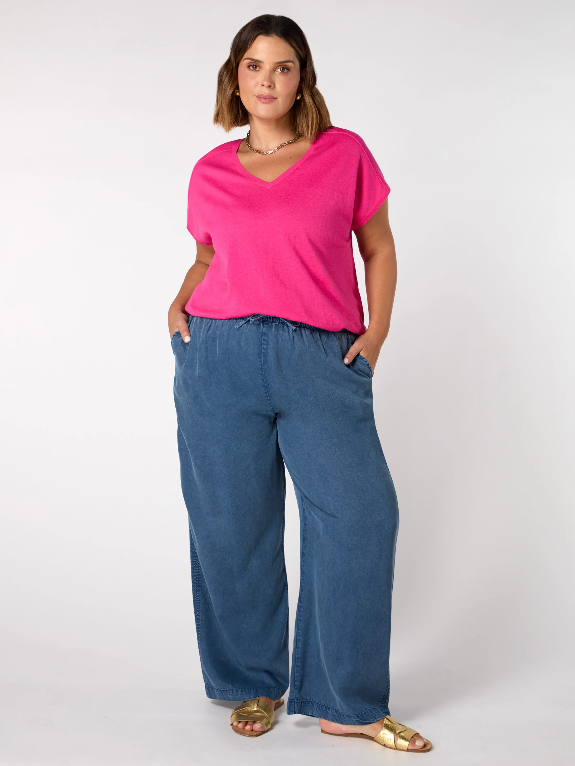 Pink Linen Blend V-Neck Knitted Top - Image 2