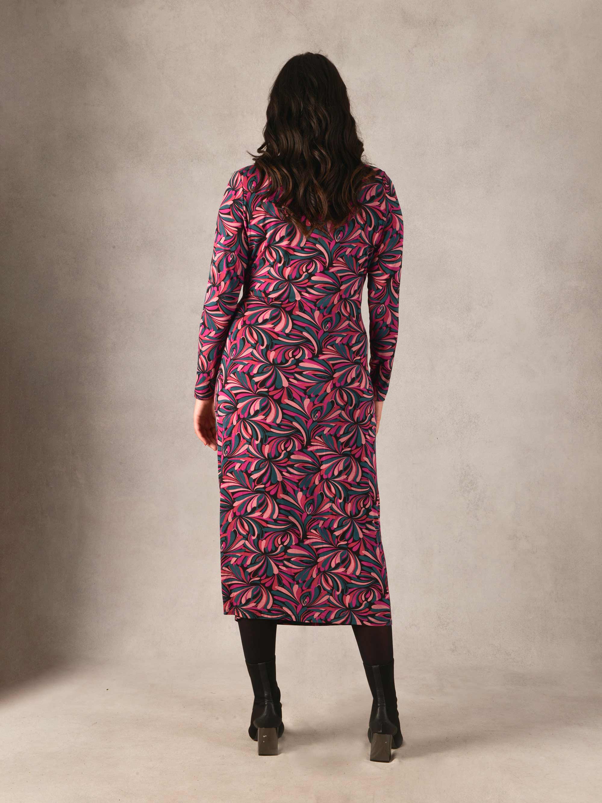 Pink Swirl Print Mock Wrap Jersey Midi Dress - Image 3