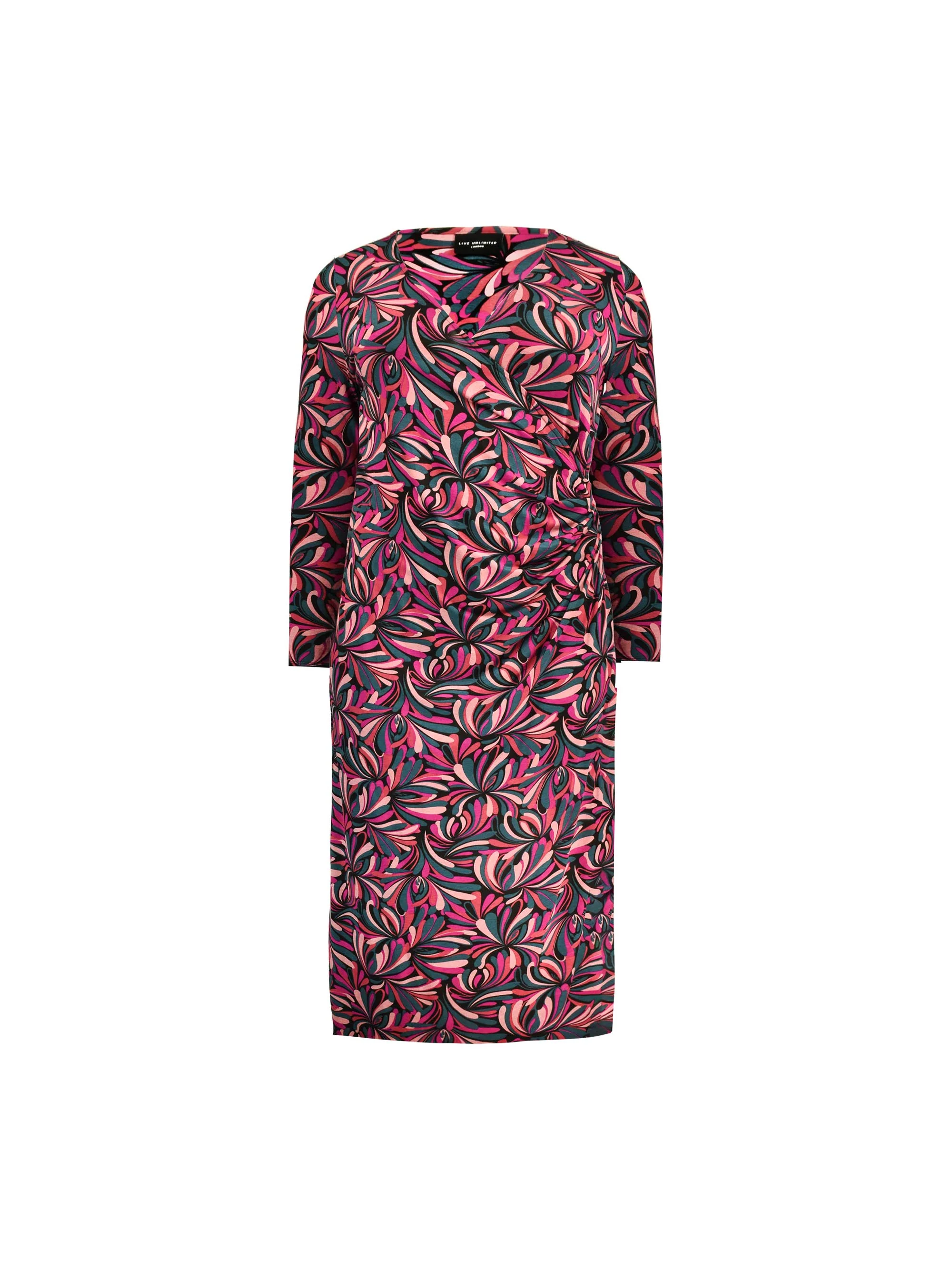 Pink Swirl Print Mock Wrap Jersey Midi Dress - Image 4