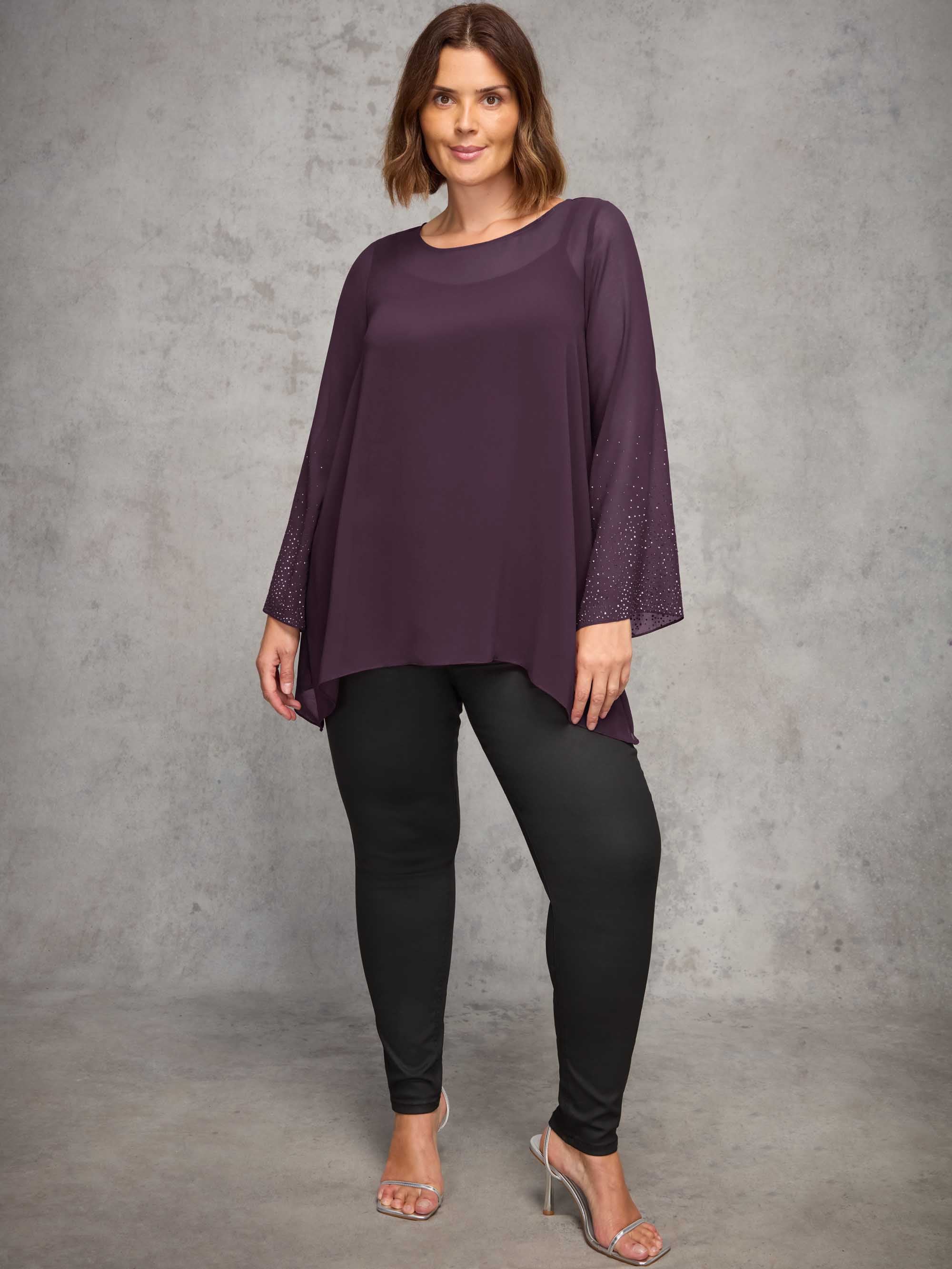 Plum Sheer Embellished Sleeve Layered Tunic - Image 2