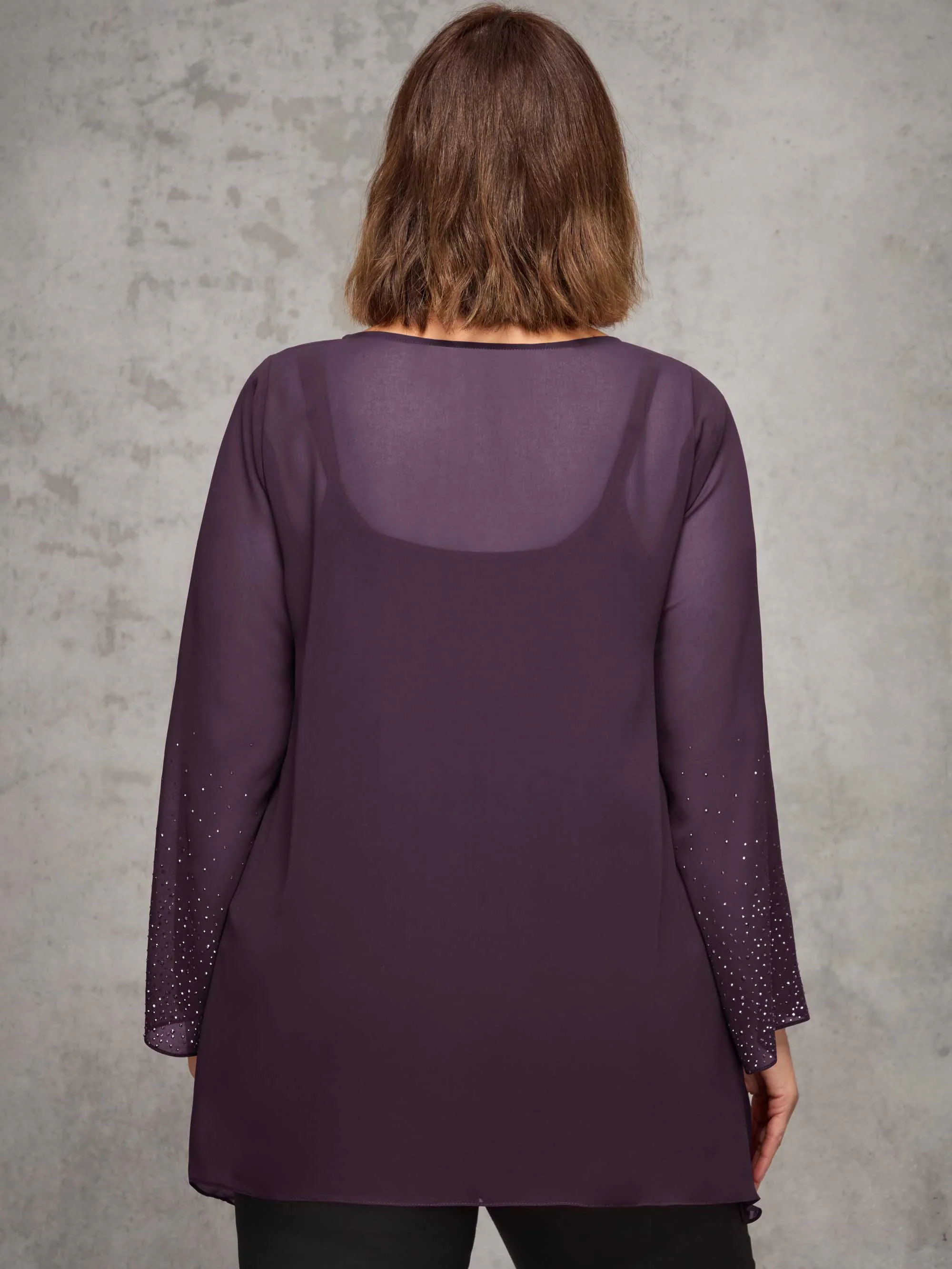 Plum Sheer Embellished Sleeve Layered Tunic - Image 3
