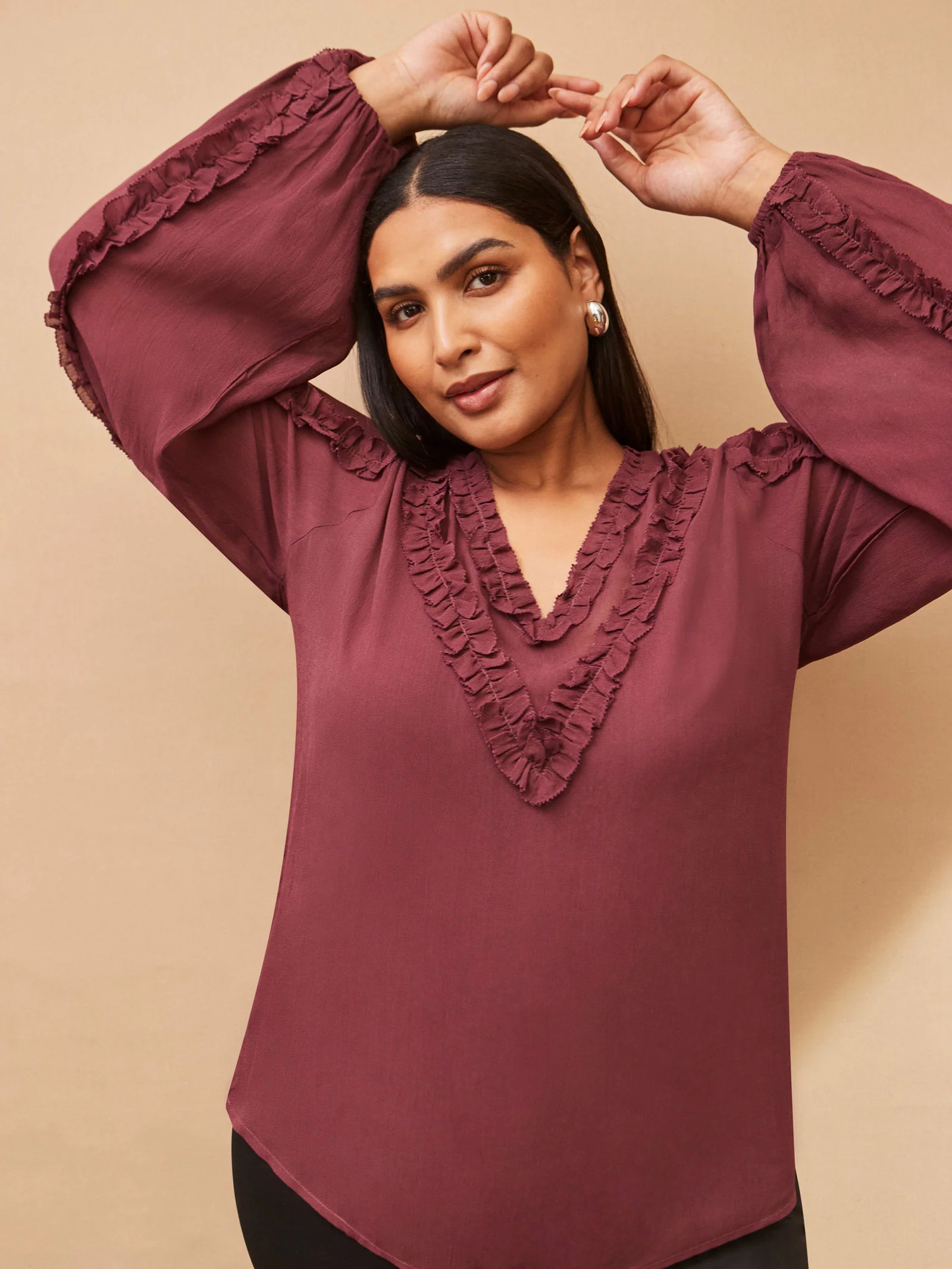Burgundy Frill Trim V Neck Blouse - Image 2