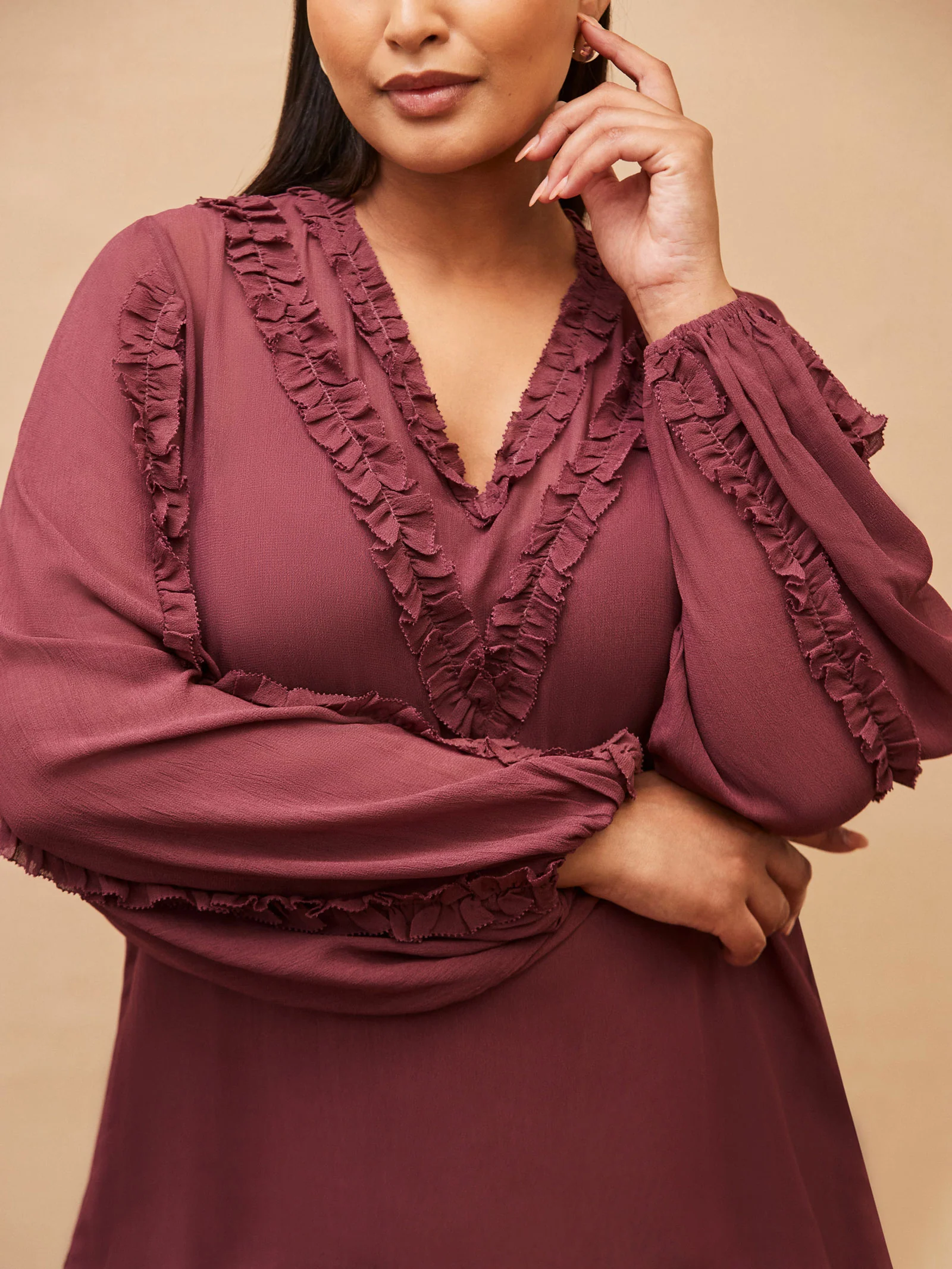 Burgundy Frill Trim V Neck Blouse - Image 3