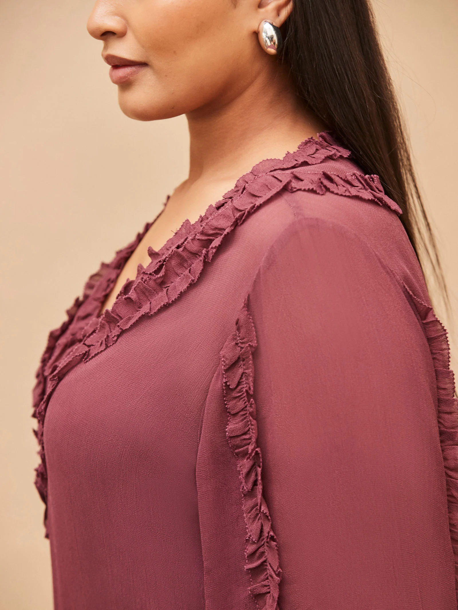 Burgundy Frill Trim V Neck Blouse - Image 4