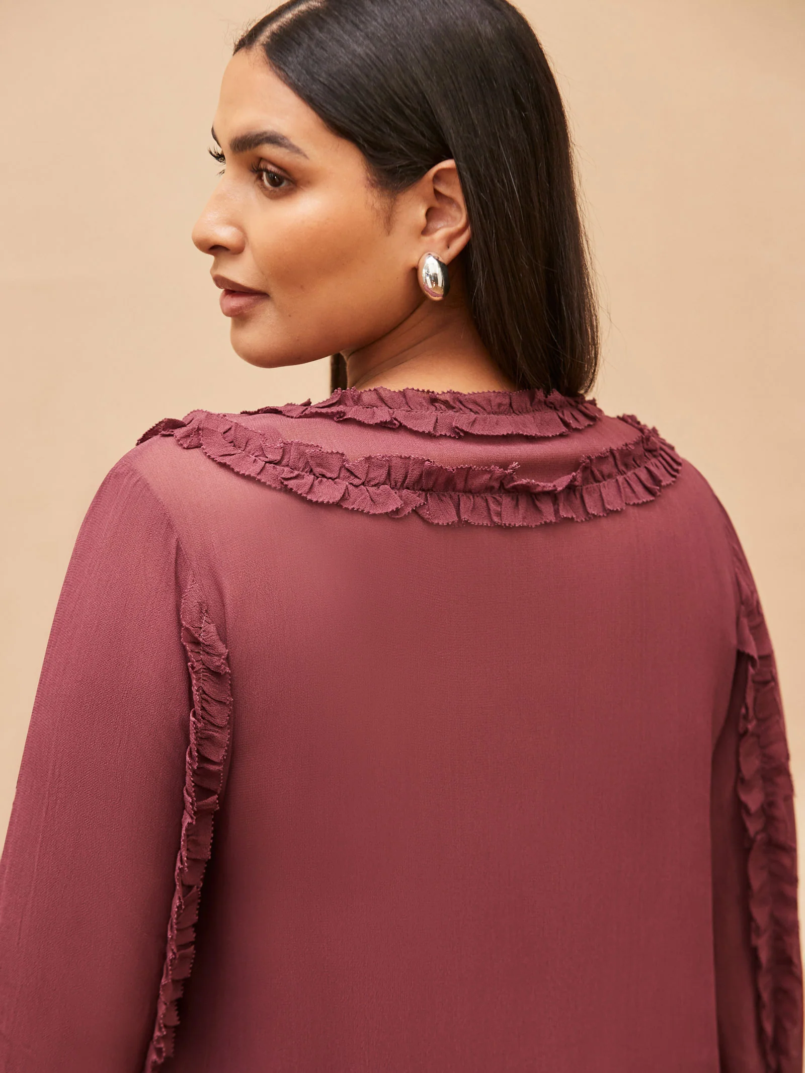 Burgundy Frill Trim V Neck Blouse - Image 5