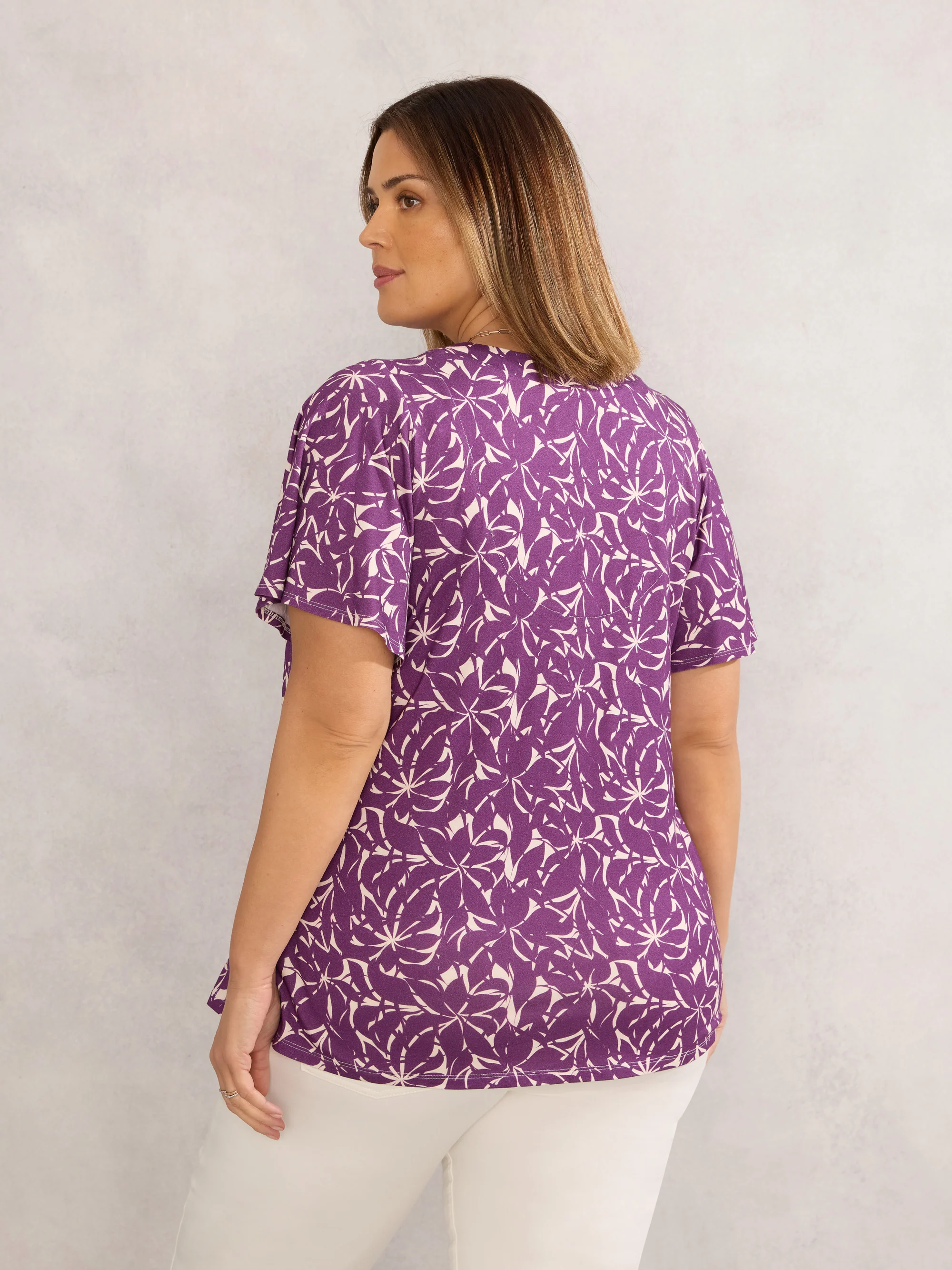 Purple Leaf Jersey Pleat Front Flutter Sleeve Top - Image 3