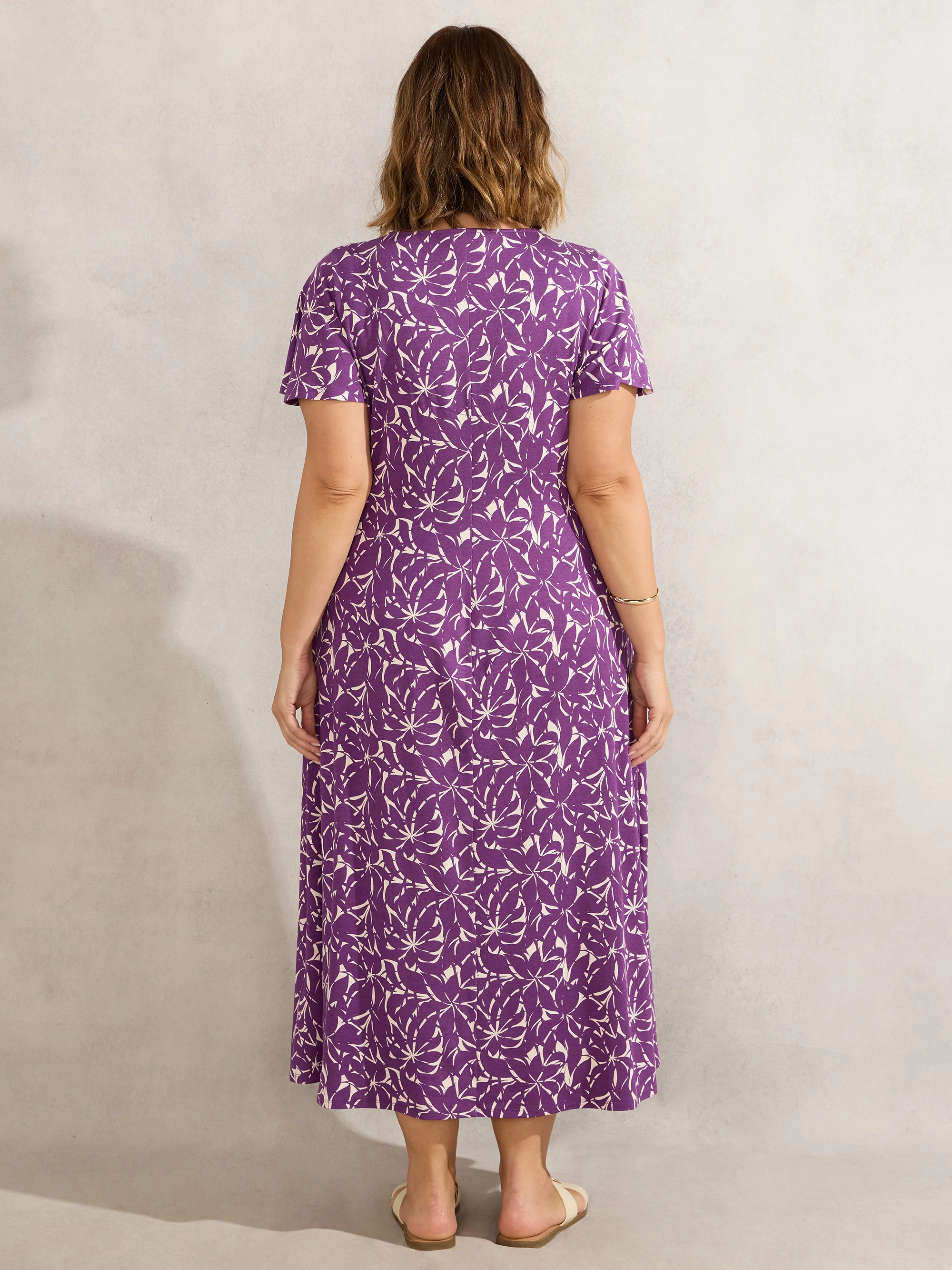 Purple Leaf Print Pleat Front Midi Dress - Image 3