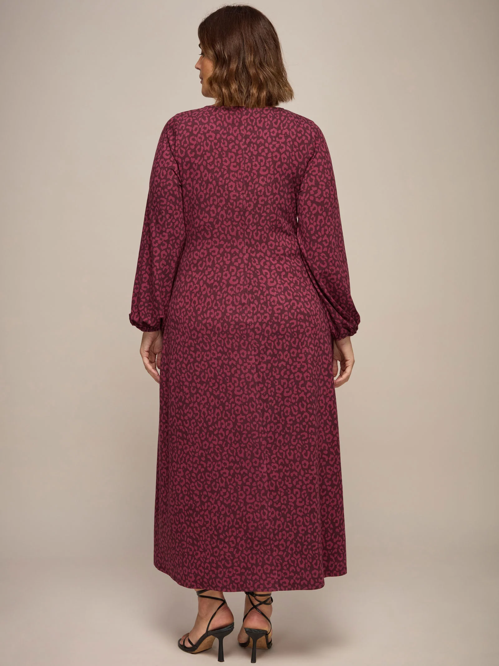 Burgundy Animal Print Jersey Pleat Front Midi Dress - Image 3