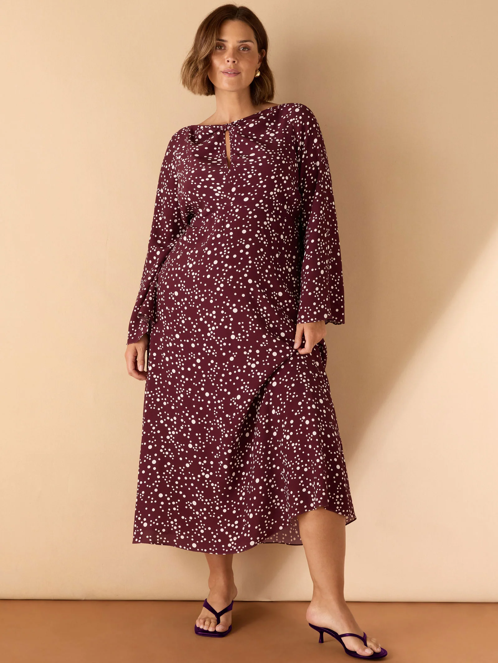 Burgundy Spot Print Keyhole Midi Dress - Image 3