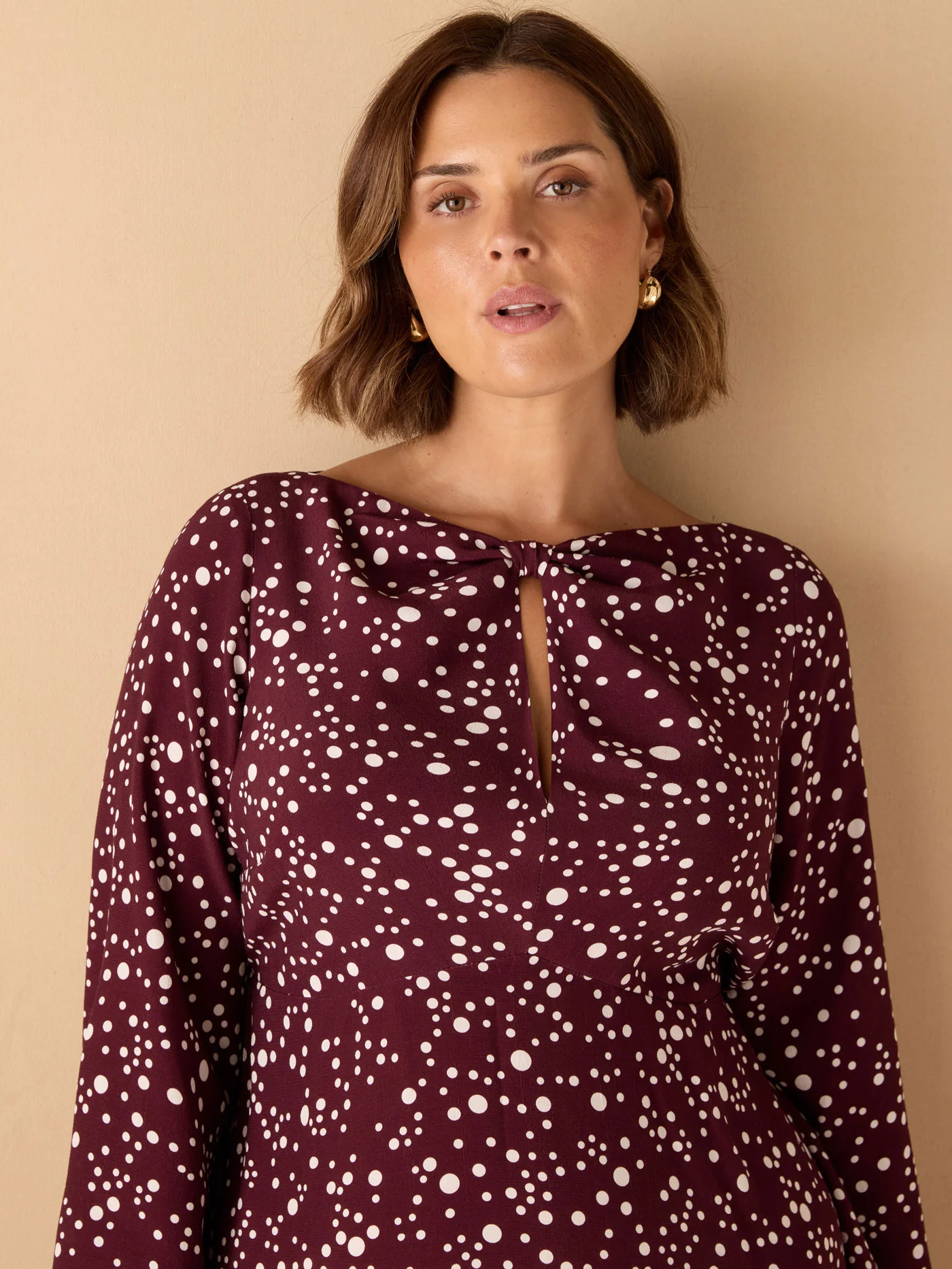 Burgundy Spot Print Keyhole Midi Dress - Image 6