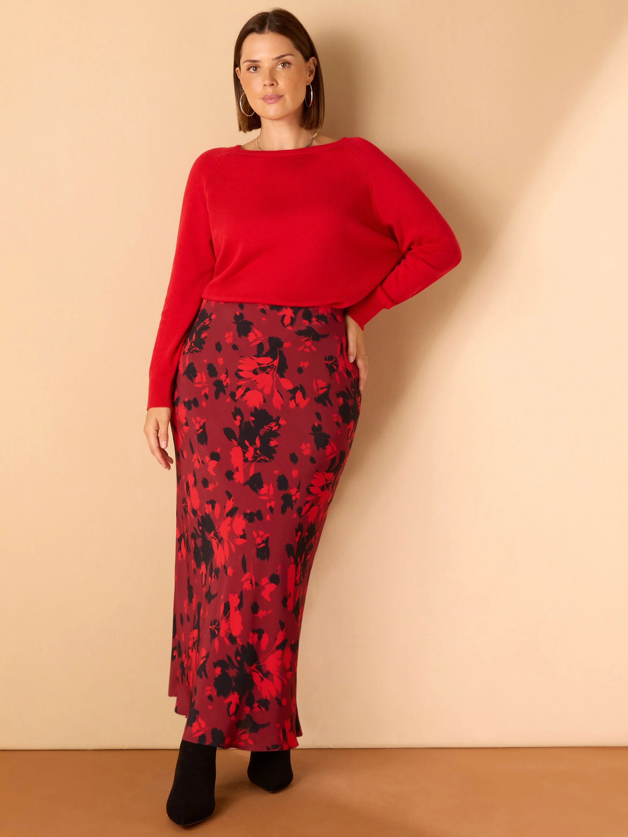 Red Floral Print Bias Cut Midaxi Skirt - Image 2