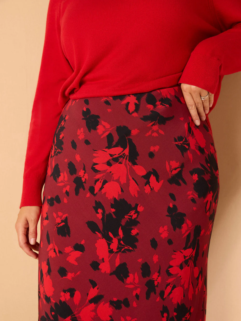 Red Floral Print Bias Cut Midaxi Skirt - Image 3
