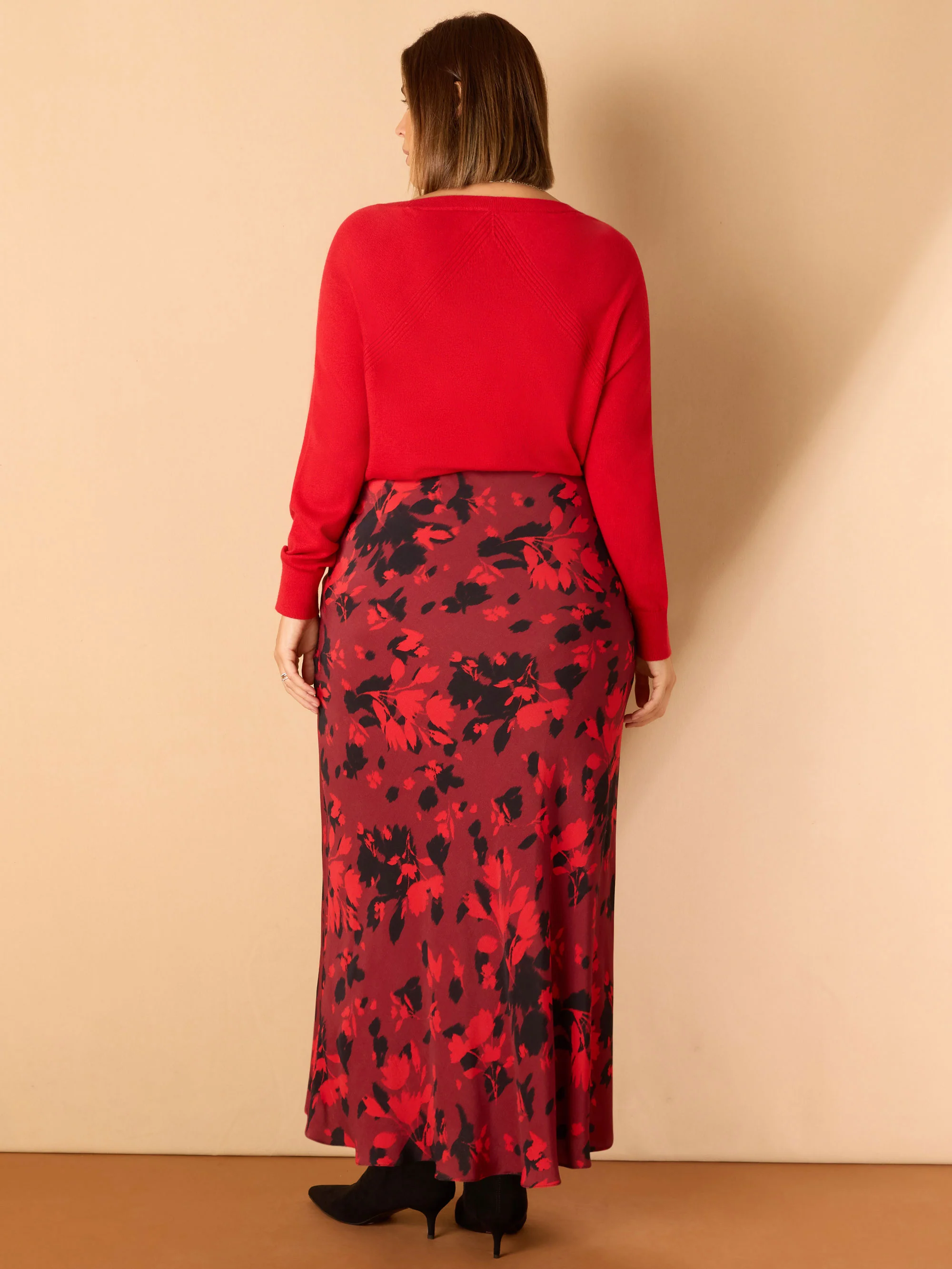 Red Floral Print Bias Cut Midaxi Skirt - Image 4
