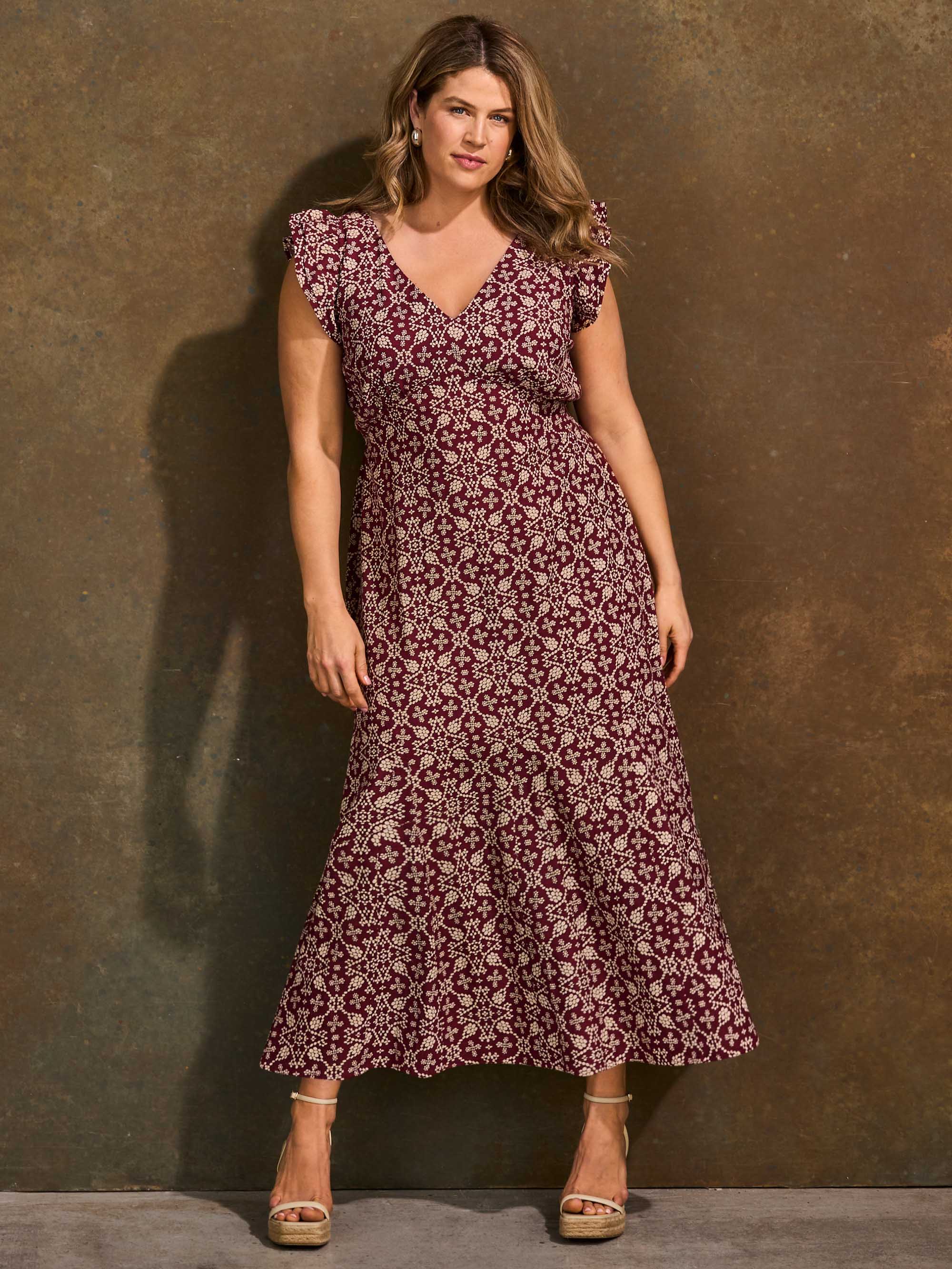 Red Boho Print Linen Blend V-Neck Midi Dress - Image 4