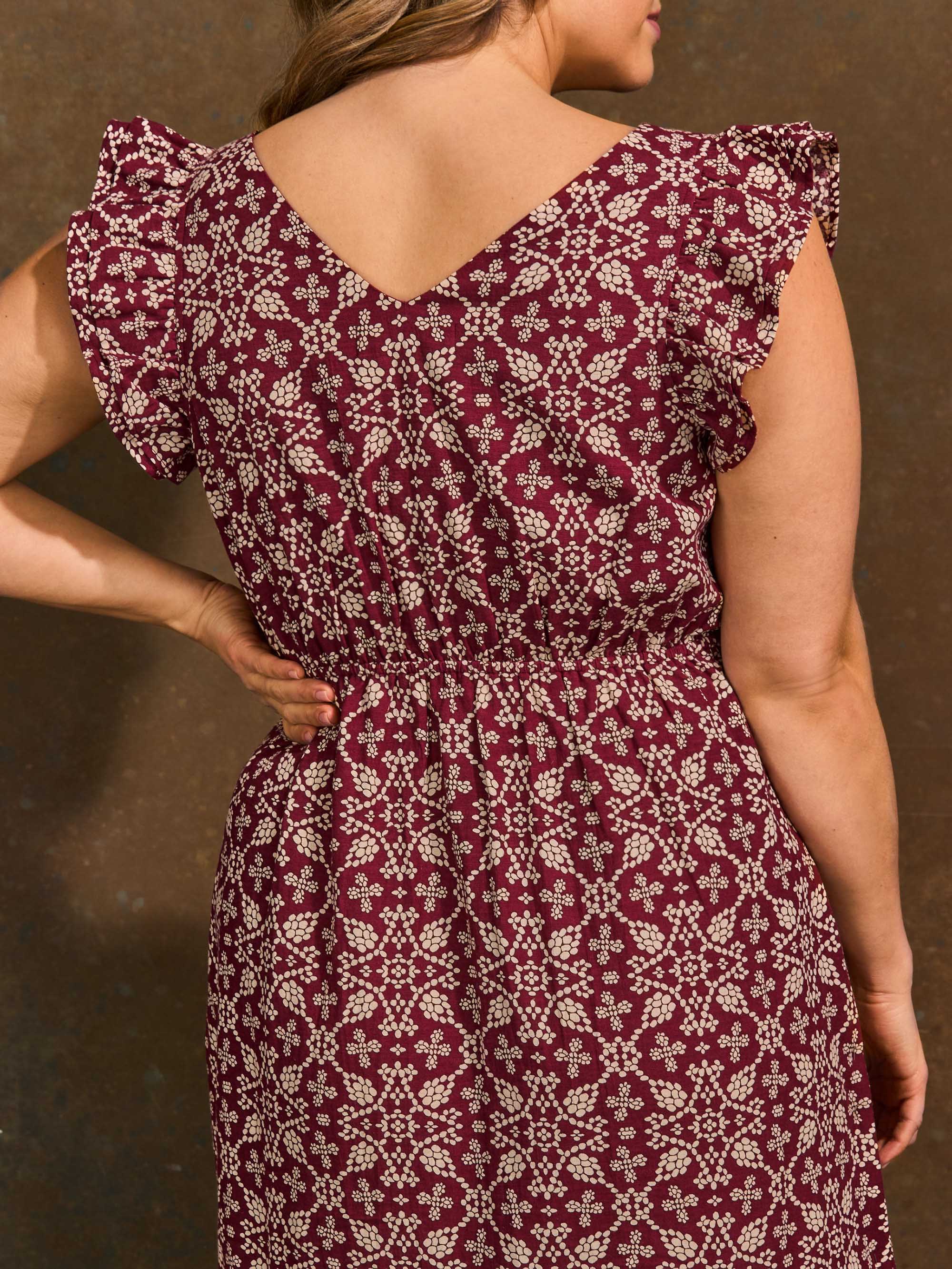 Red Boho Print Linen Blend V-Neck Midi Dress - Image 7