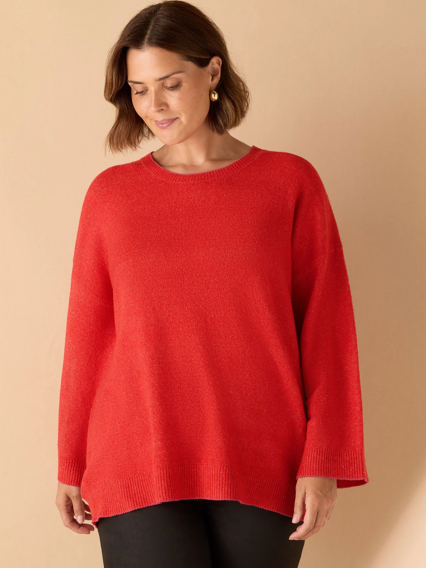 Red Crew Neck Contrast Stitch Knit Jumper - Image 2