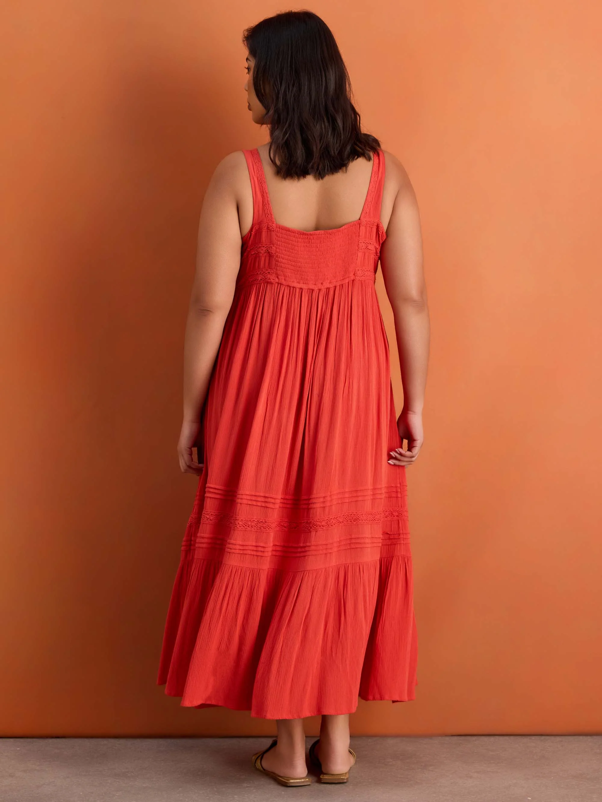 Red Crinkle Pintuck Lace Trim Midaxi Dress - Image 8