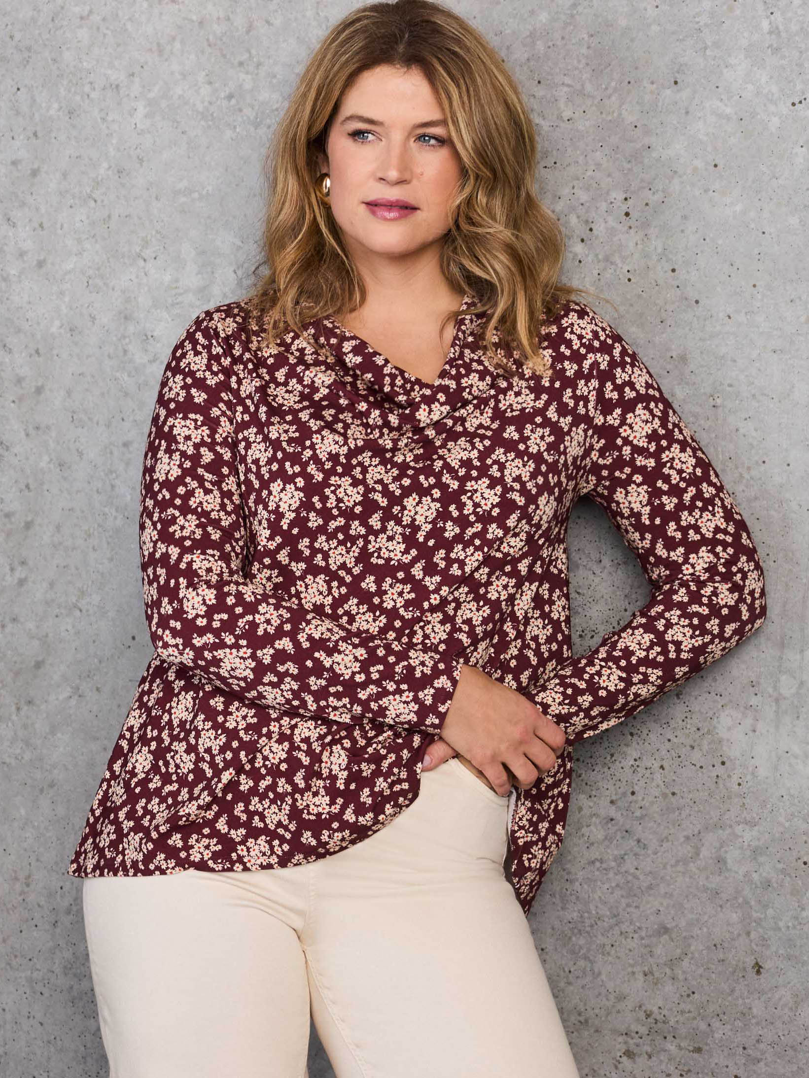 Red Ditsy Floral Jersey Cowl Neck Top - Image 2