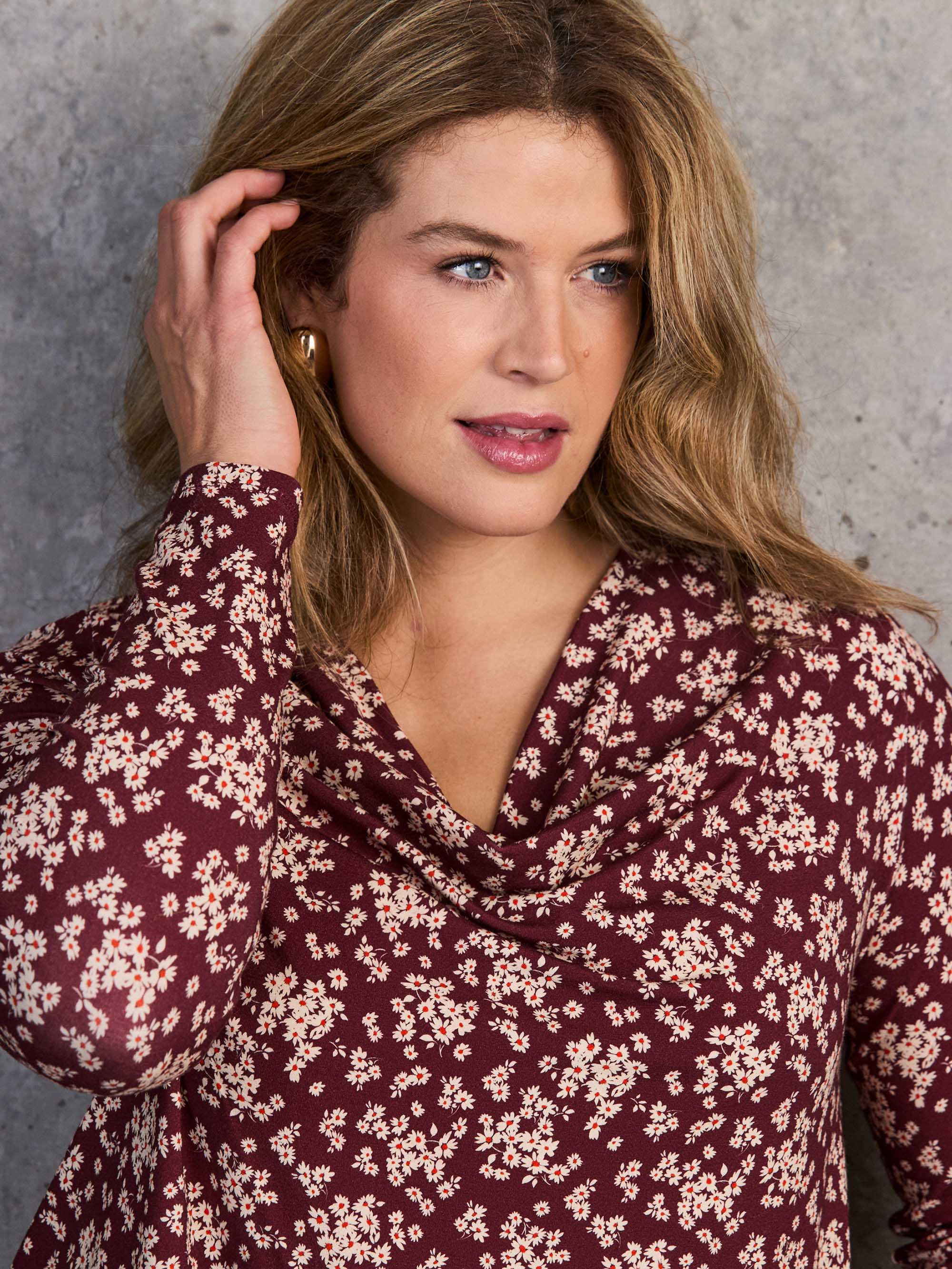 Red Ditsy Floral Jersey Cowl Neck Top - Image 4