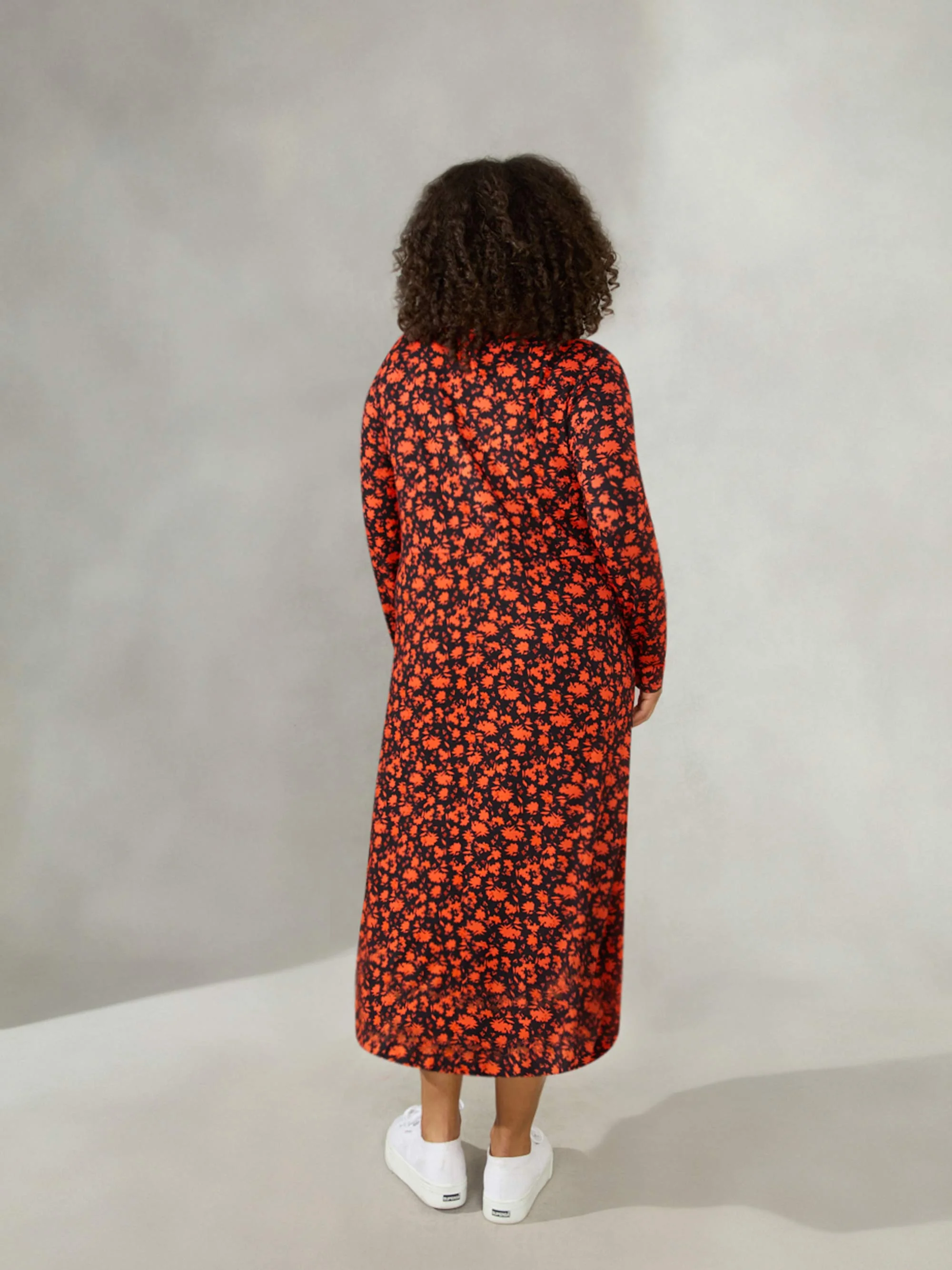 Red Ditsy Jersey V-Neck Swing Midi Dress - Image 4