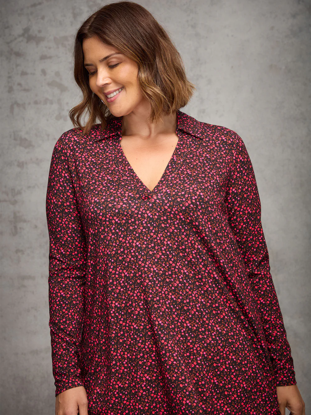 Red Ditsy Floral Print Jersey Polo Collar Tunic - Image 3