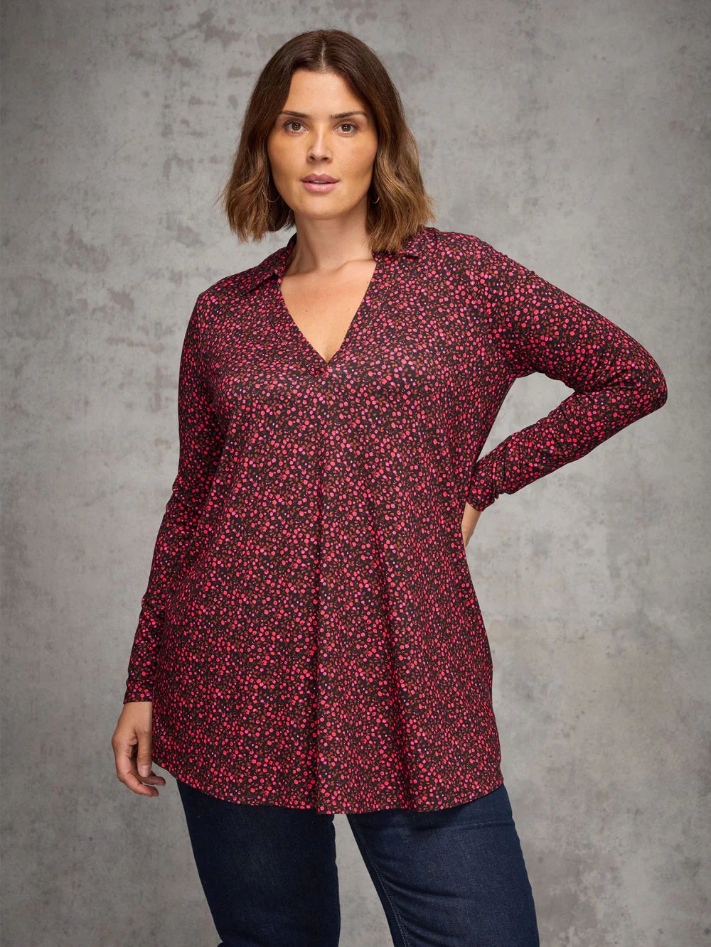 Red Ditsy Floral Print Jersey Polo Collar Tunic - Image 4