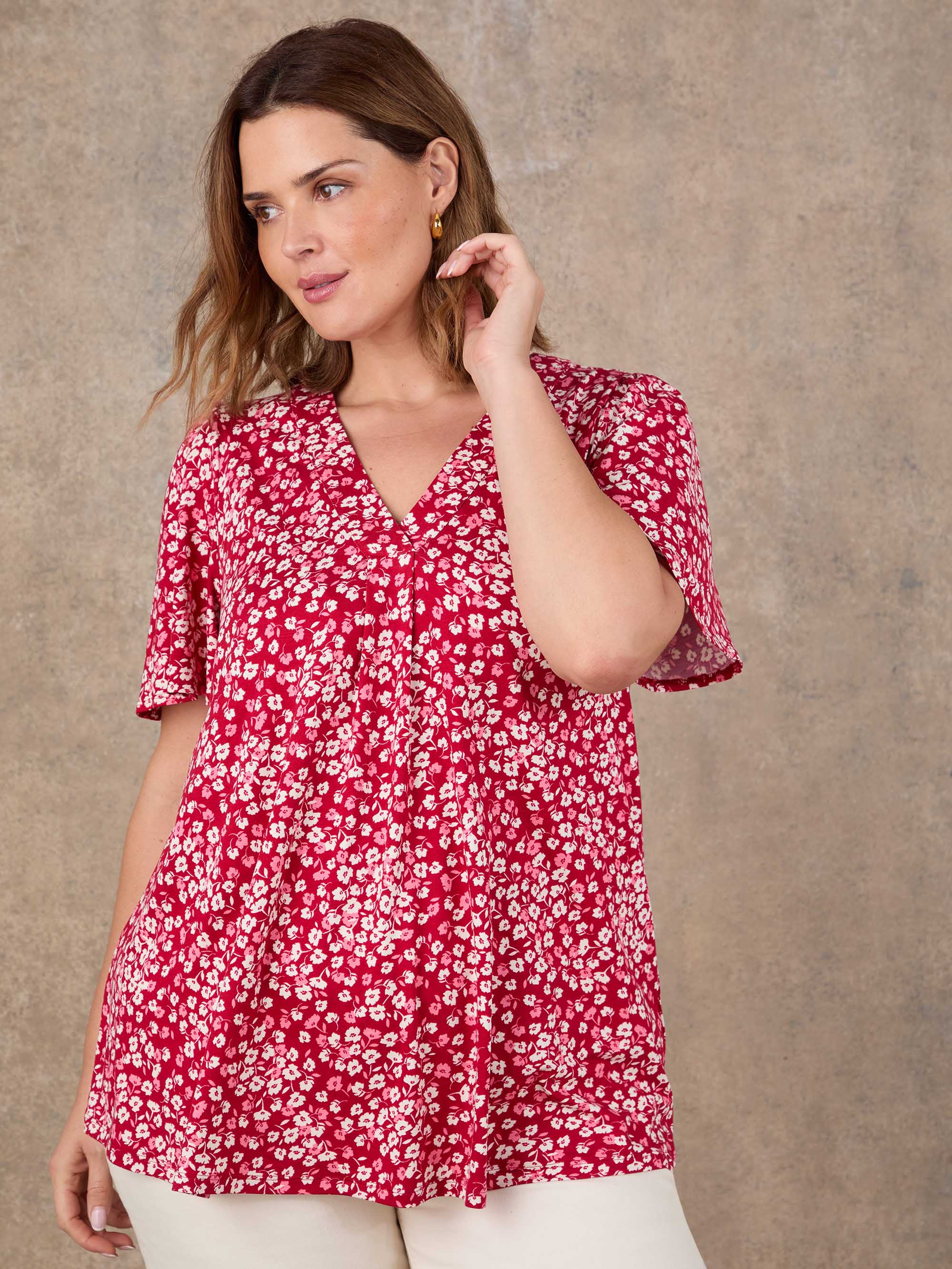 Red Ditsy Print Flutter Sleeve Pleat Front Top - Image 3
