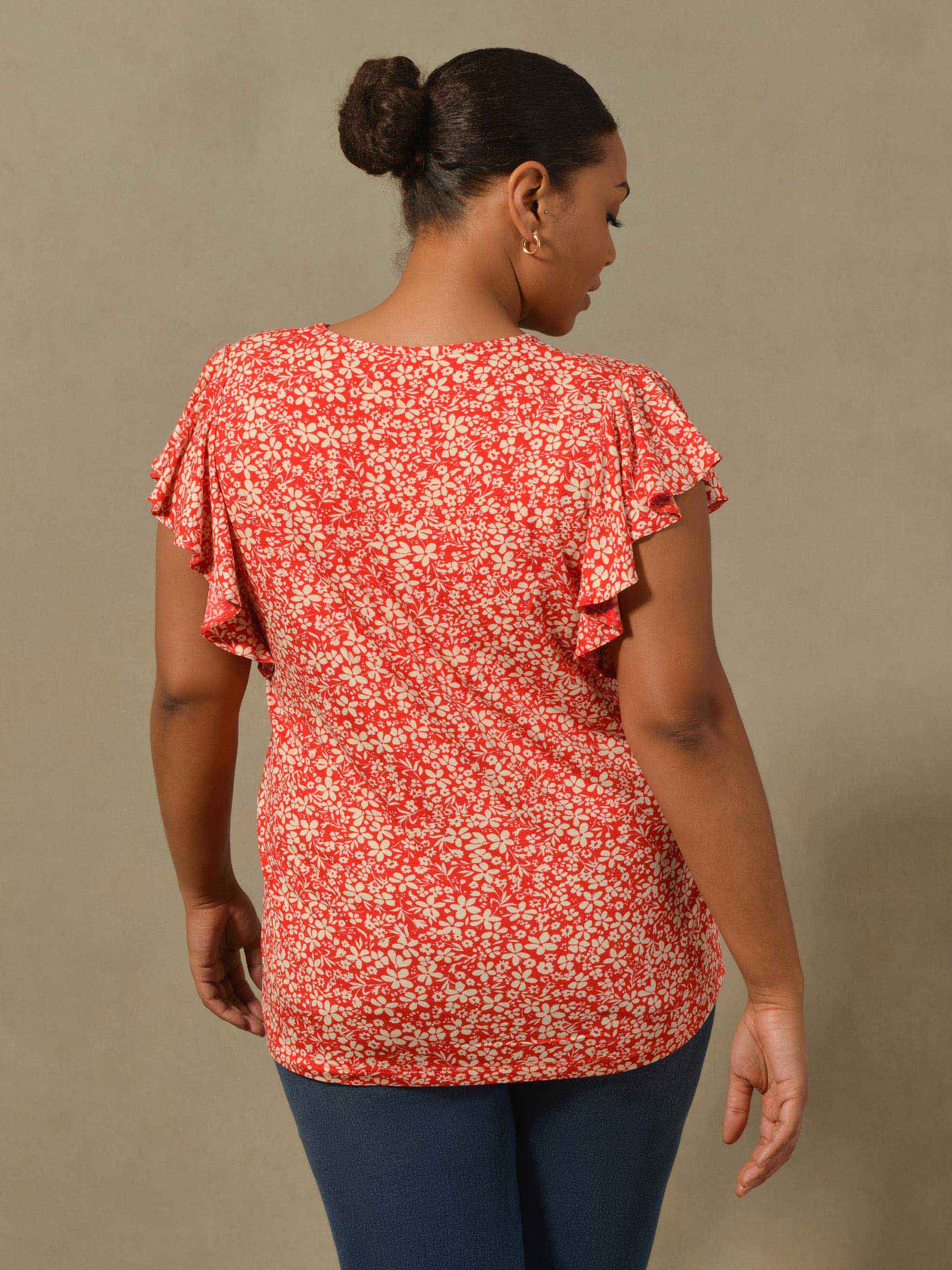 Red Ditsy Print Frill Sleeve Jersey Top - Image 3