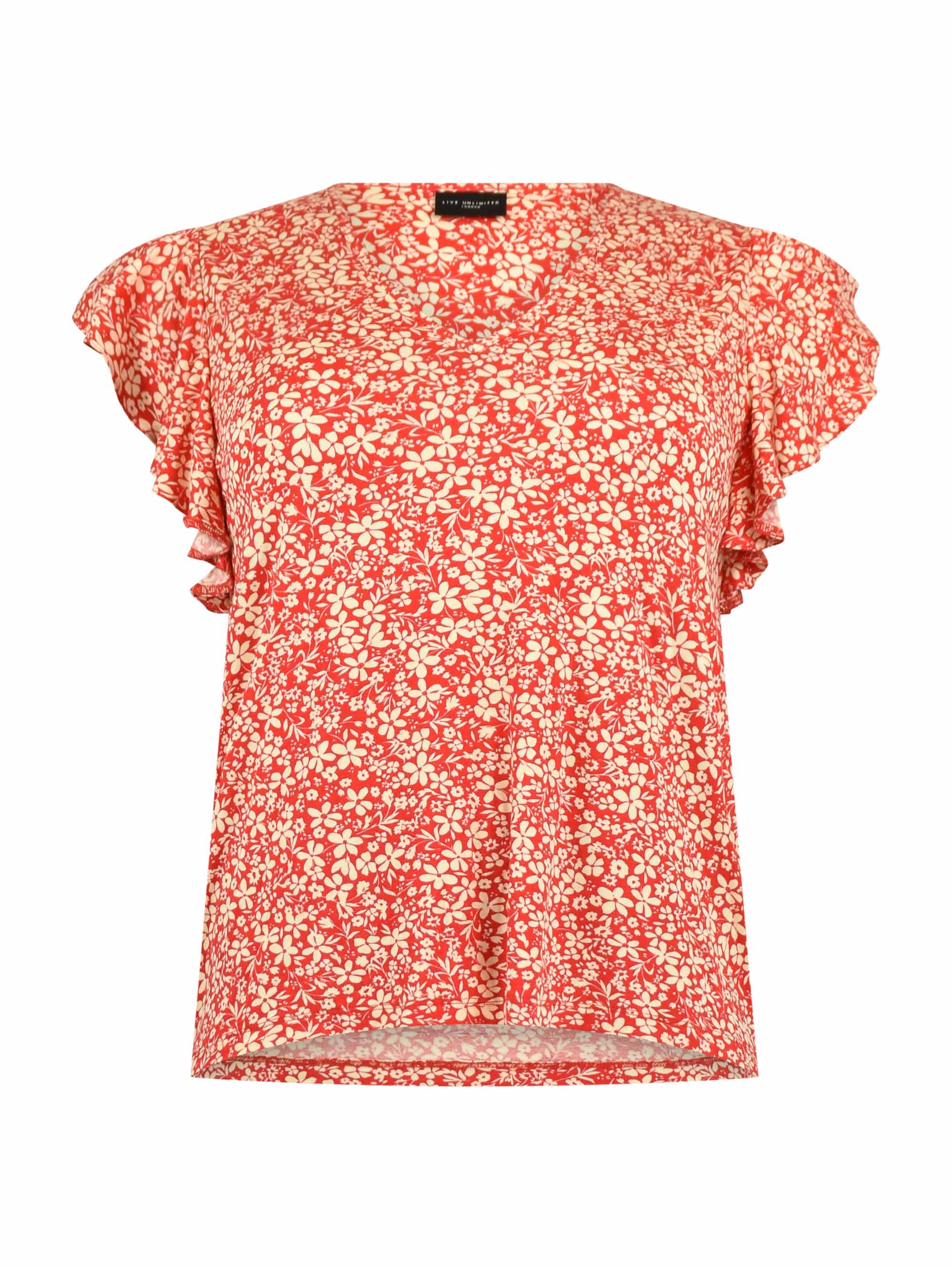 Red Ditsy Print Frill Sleeve Jersey Top - Image 4