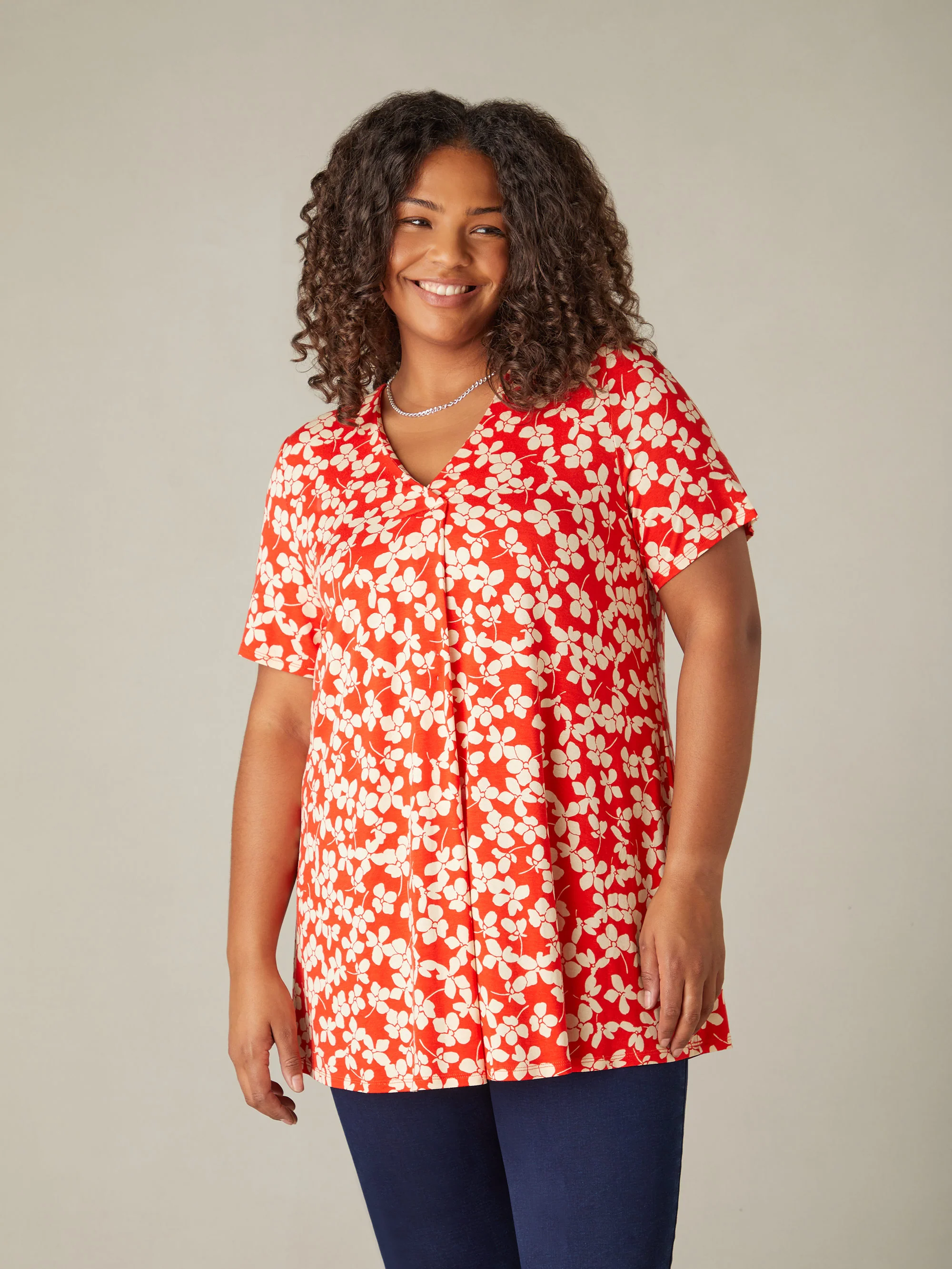 Red Ditsy Print Jersey Pleat Front Top - Image 3