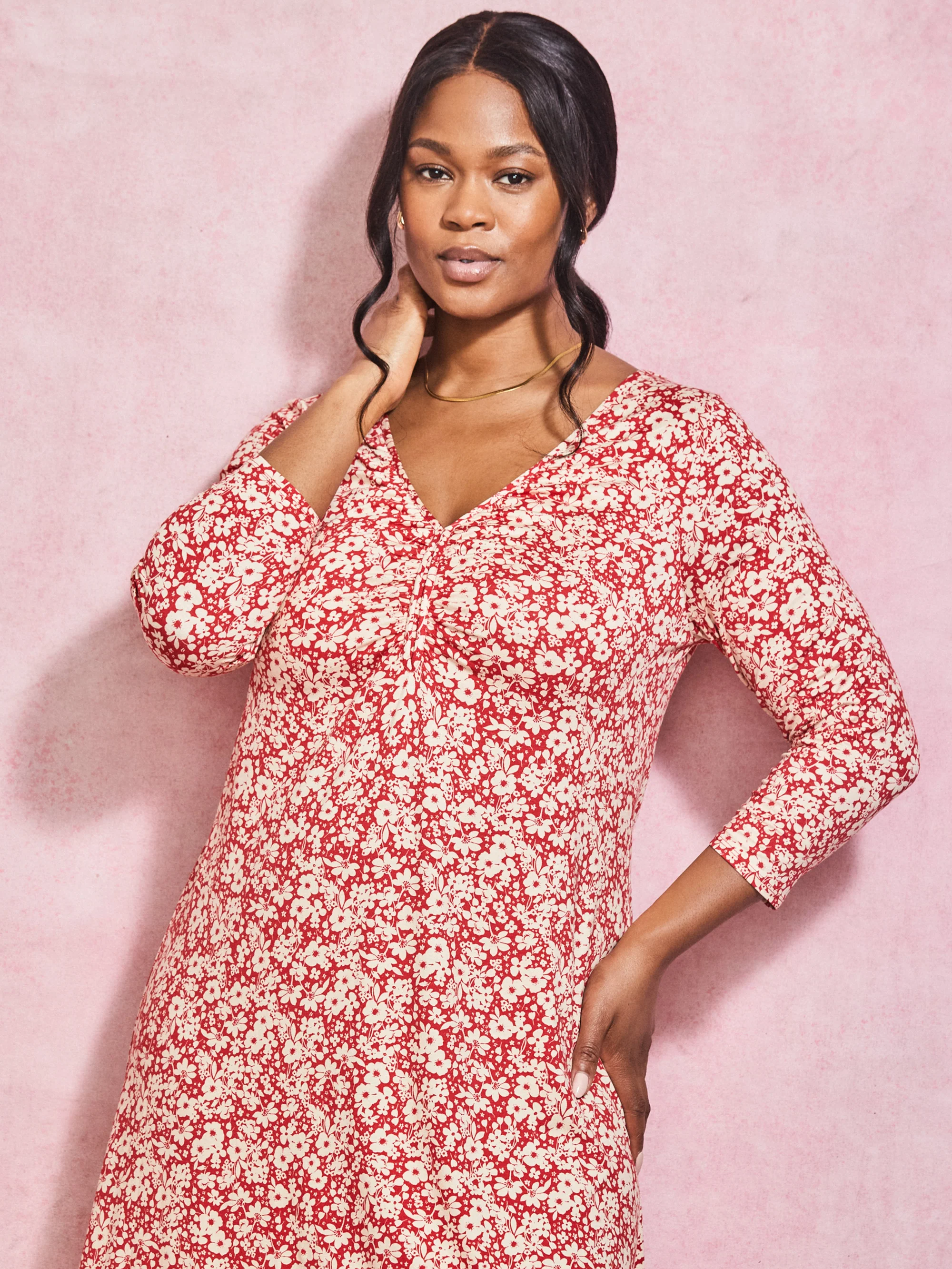 Red Ditsy Print Jersey Ruched Front Dress - Image 2