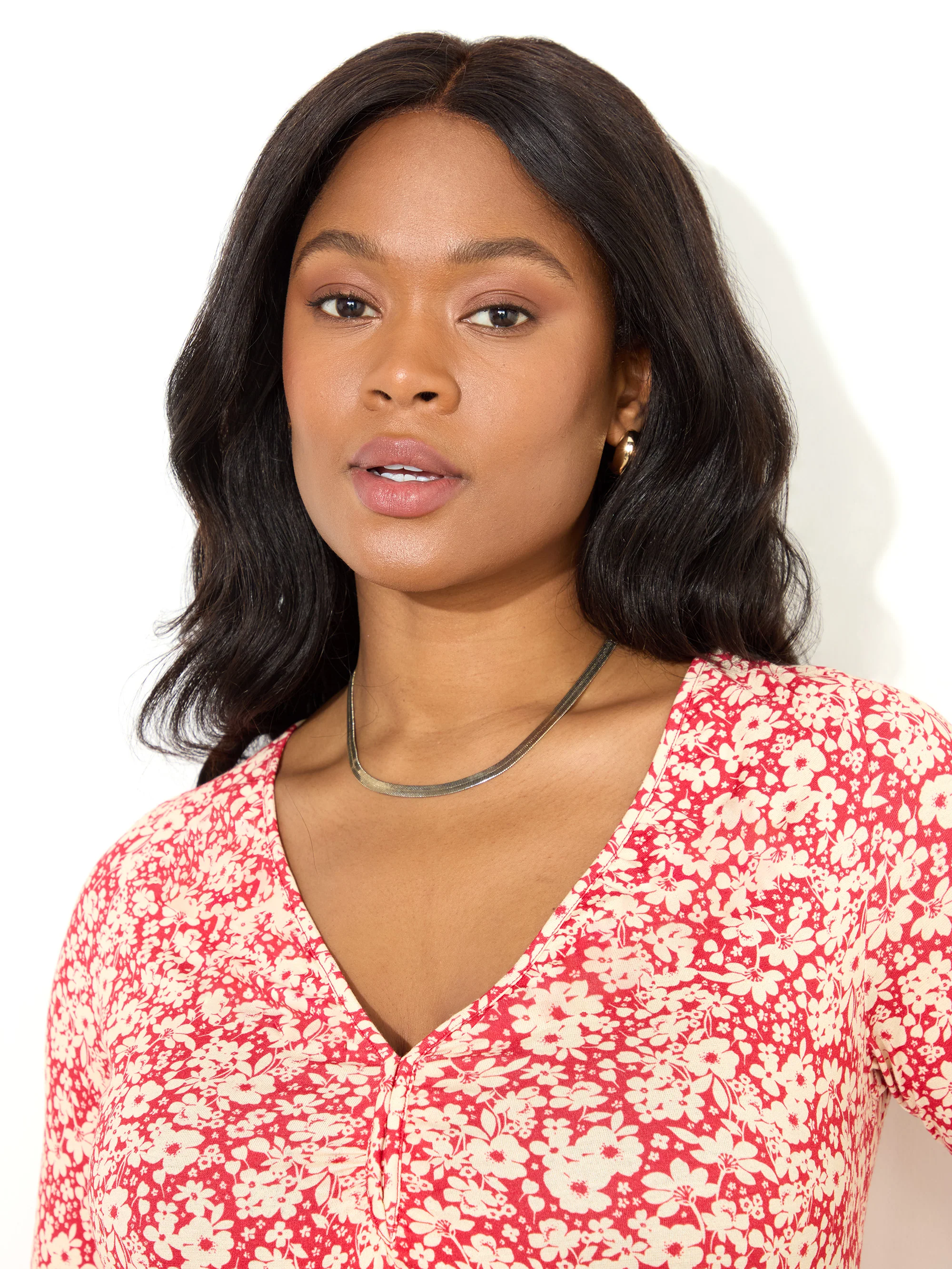 Red Ditsy Print Jersey Ruched Front Dress - Image 4