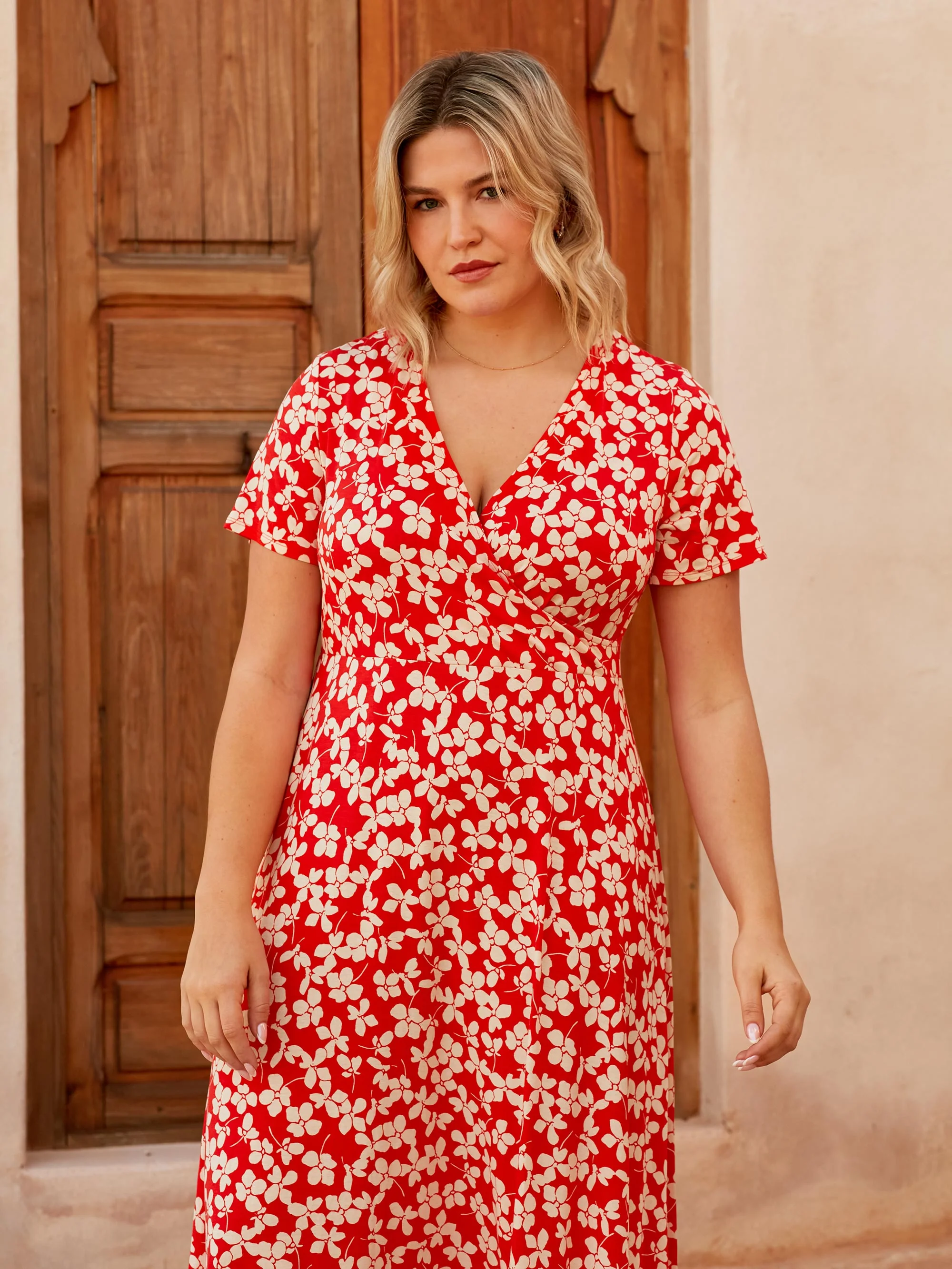 Red Ditsy Print Jersey Wrap Midi Dress - Image 2