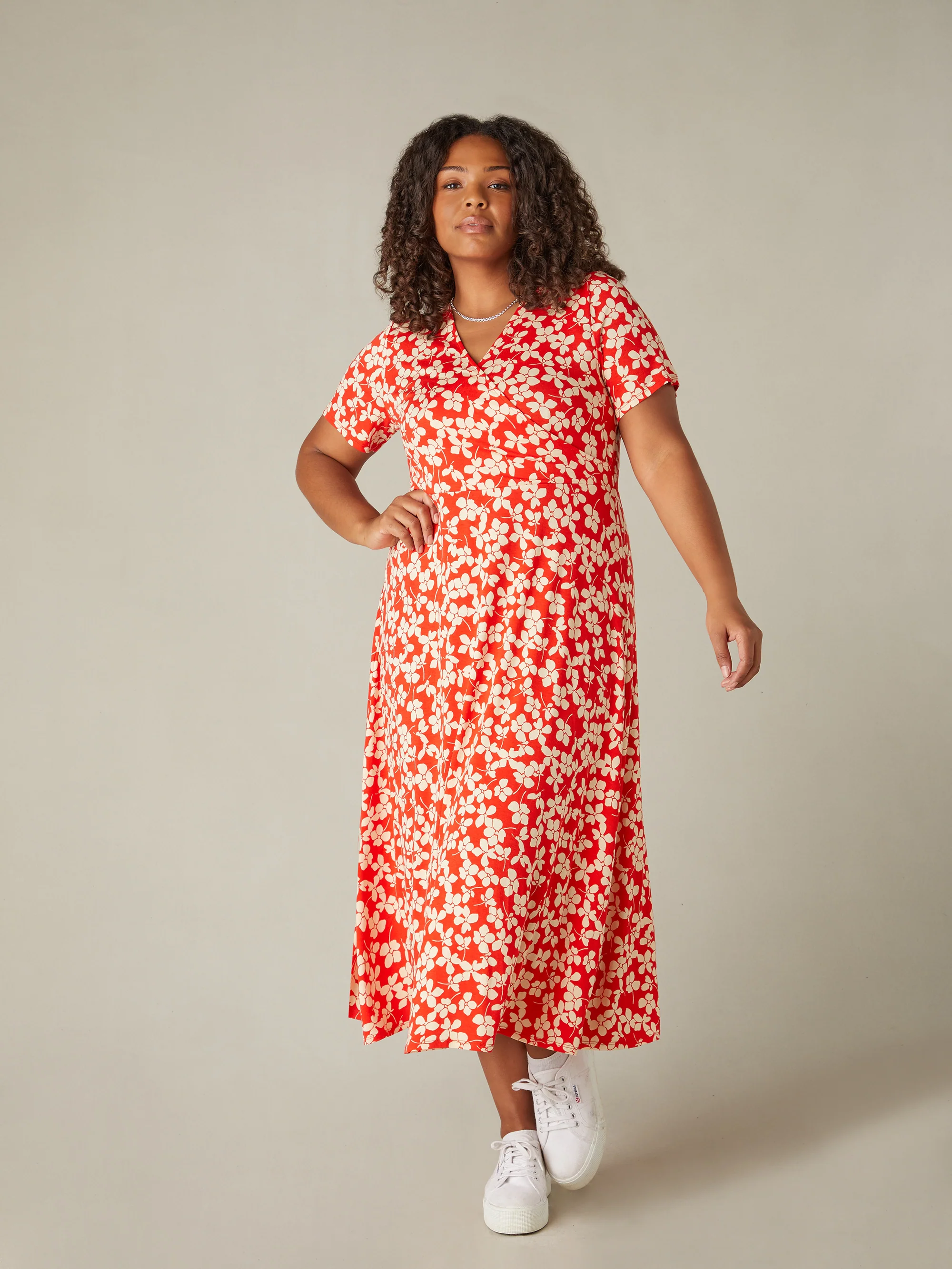Red Ditsy Print Jersey Wrap Midi Dress - Image 3
