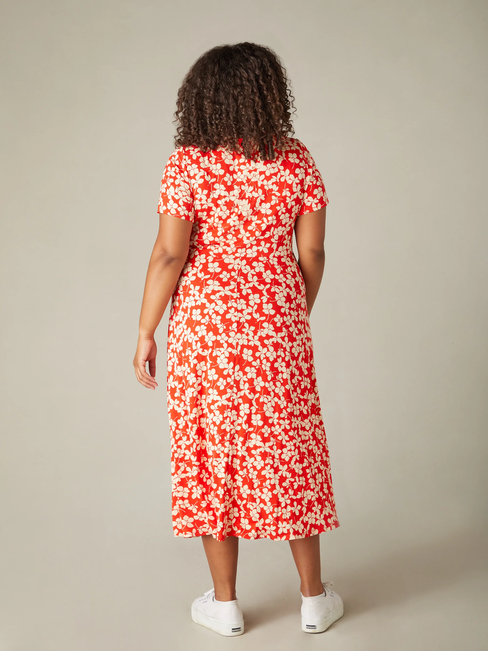Red Ditsy Print Jersey Wrap Midi Dress - Image 5