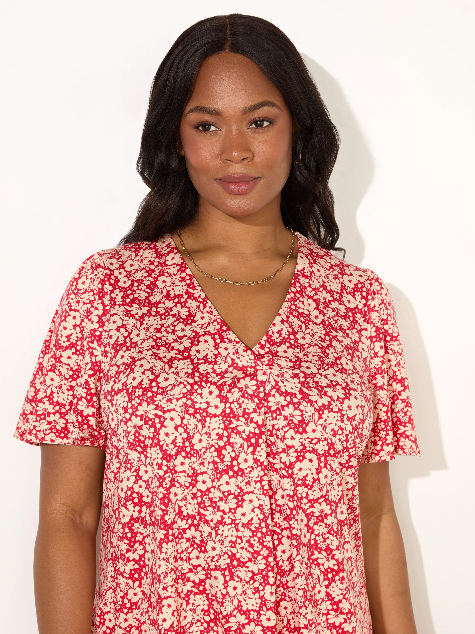 Red Ditsy Print Pleat Front Flutter Sleeve Top - Image 2