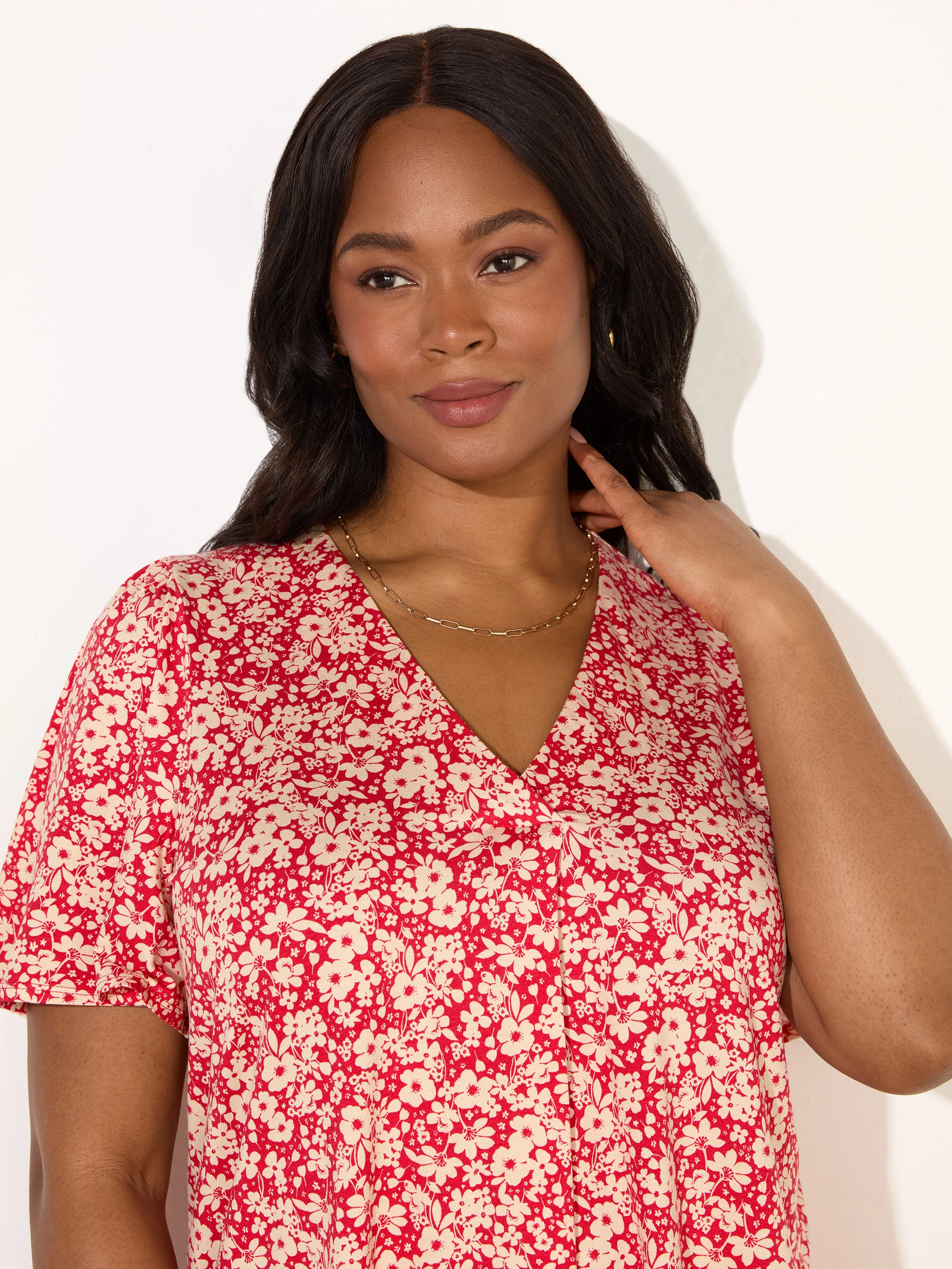 Red Ditsy Print Pleat Front Flutter Sleeve Top - Image 3