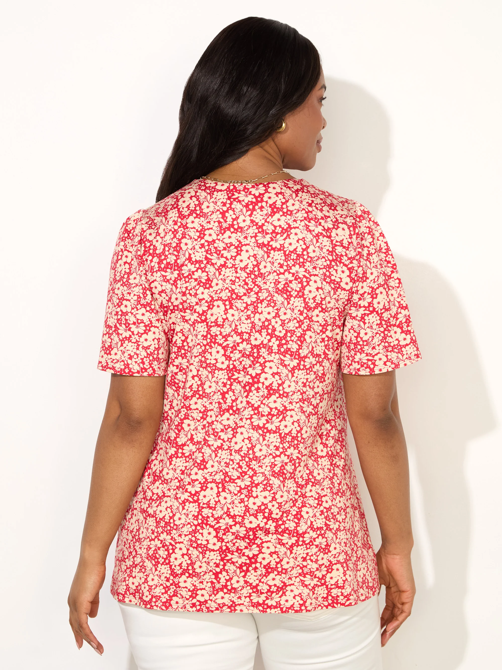 Red Ditsy Print Pleat Front Flutter Sleeve Top - Image 4