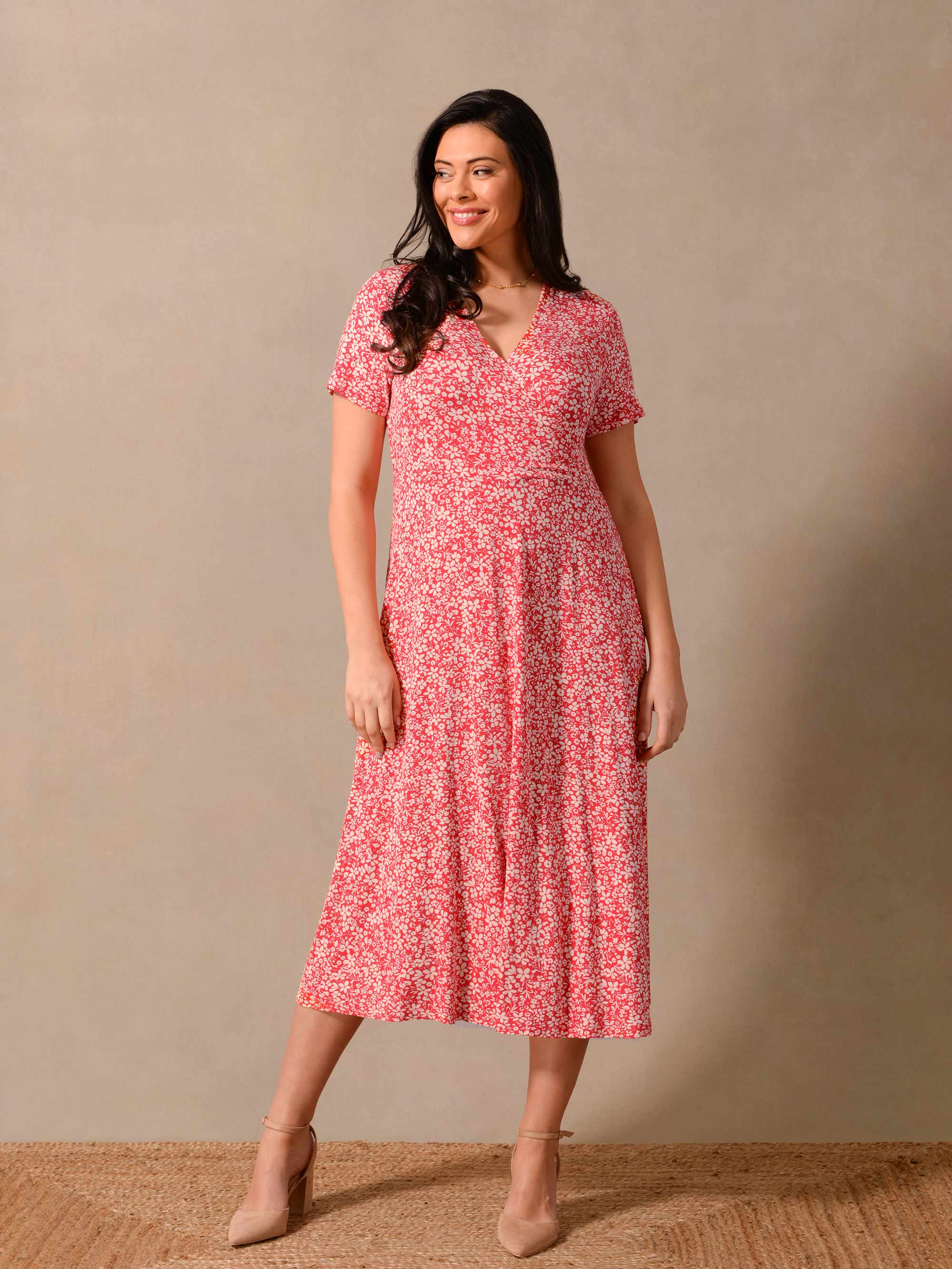 Red Ditsy Print Wrap Jersey Midi Dress - Image 3